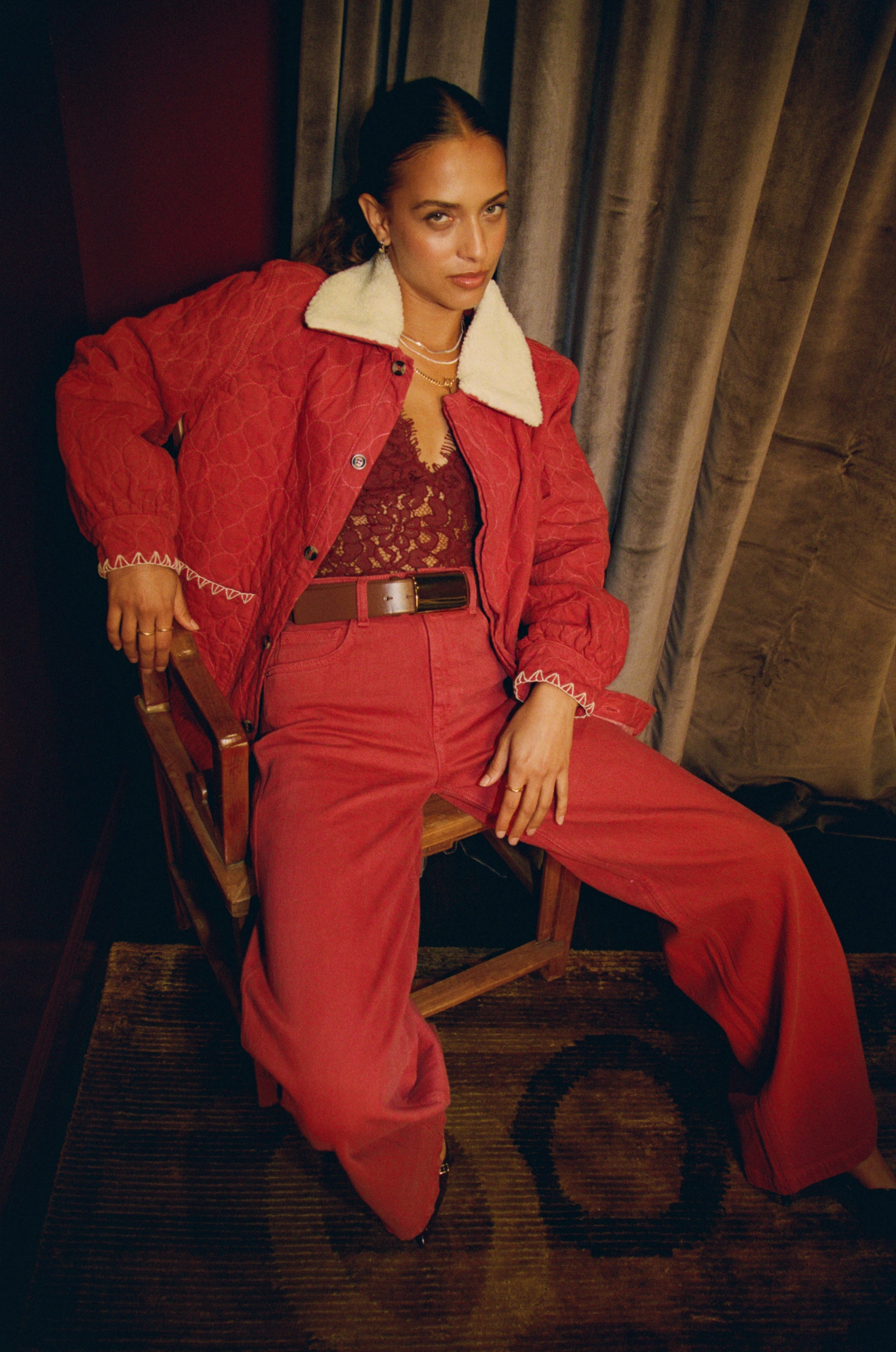 Frida Sherpa Collar Quilted Jacket in Faded Rose