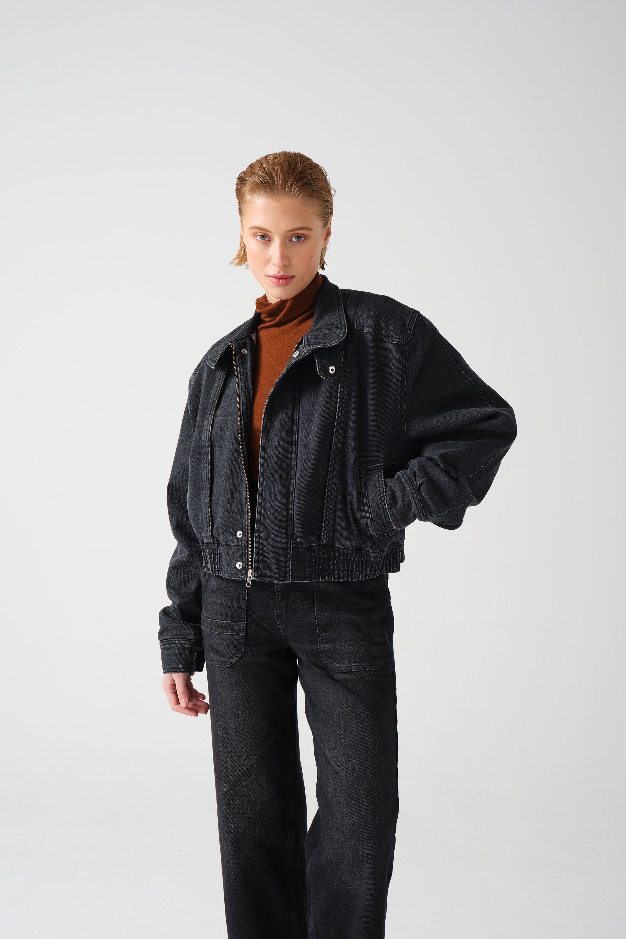 Juno Denim Bomber Jacket in Washed Black