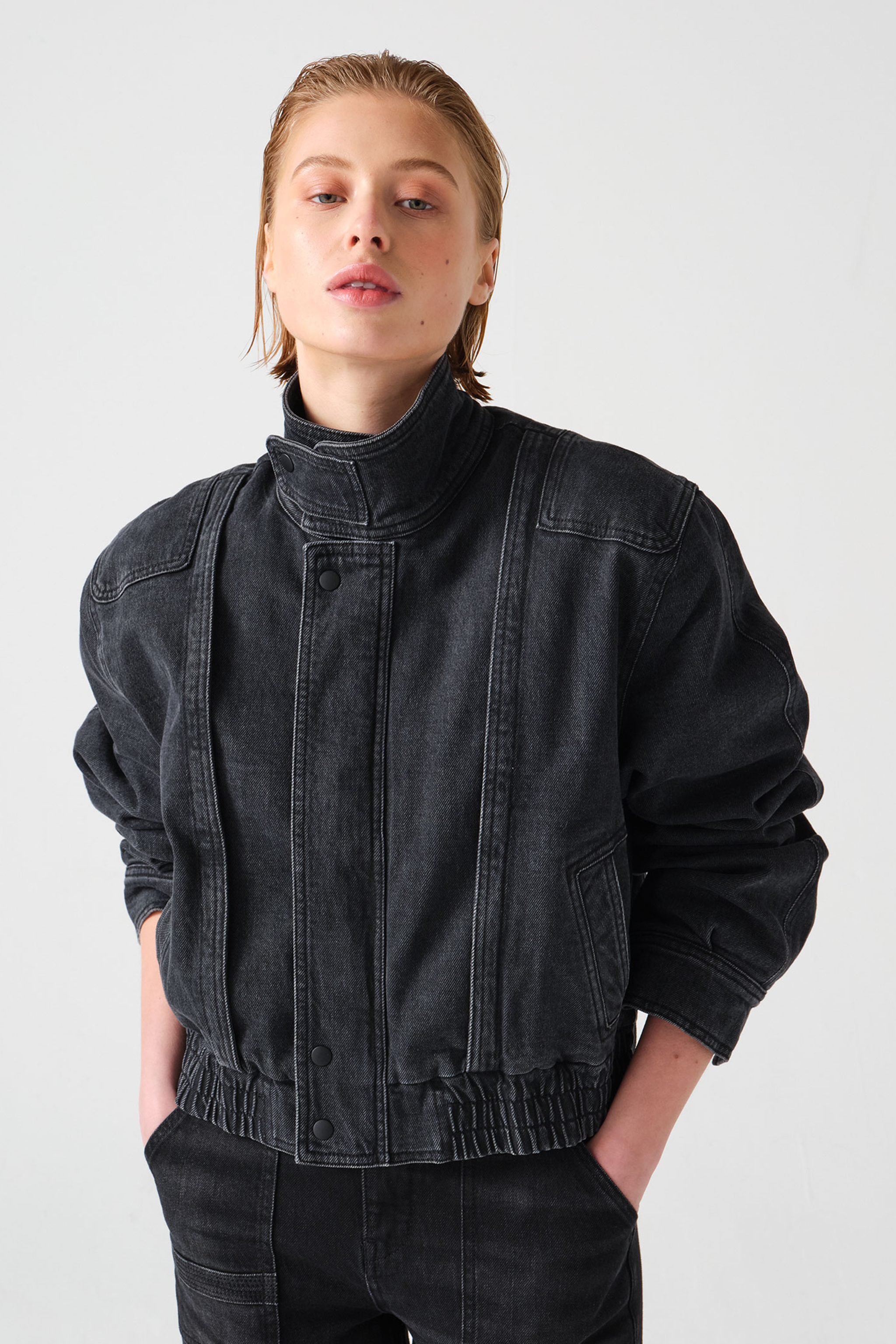 Juno Denim Bomber Jacket in Washed Black