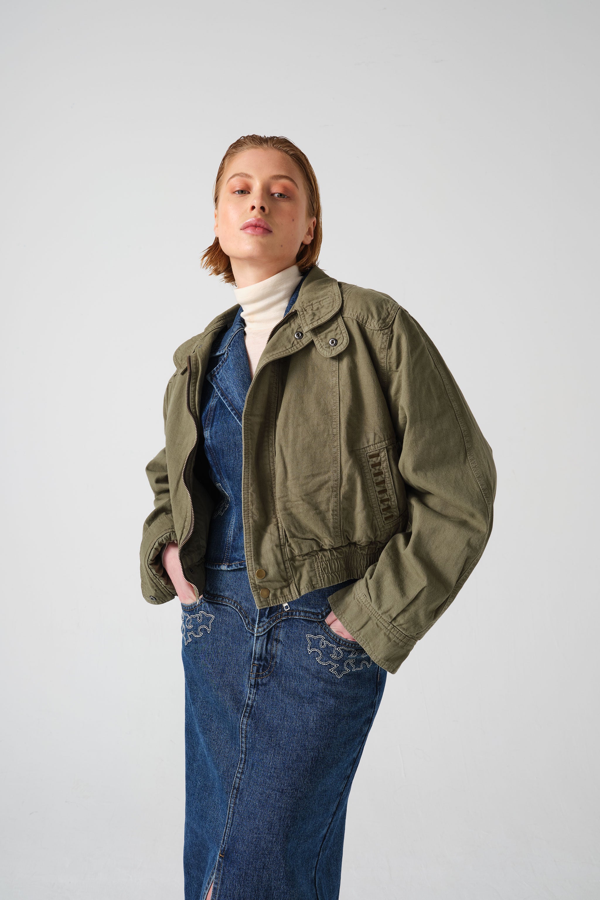 Juno Denim Bomber Jacket in Khaki