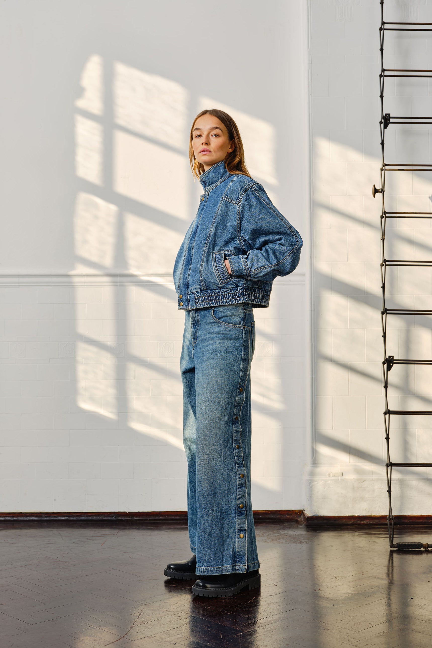 Juno Denim Bomber Jacket in Pasadena
