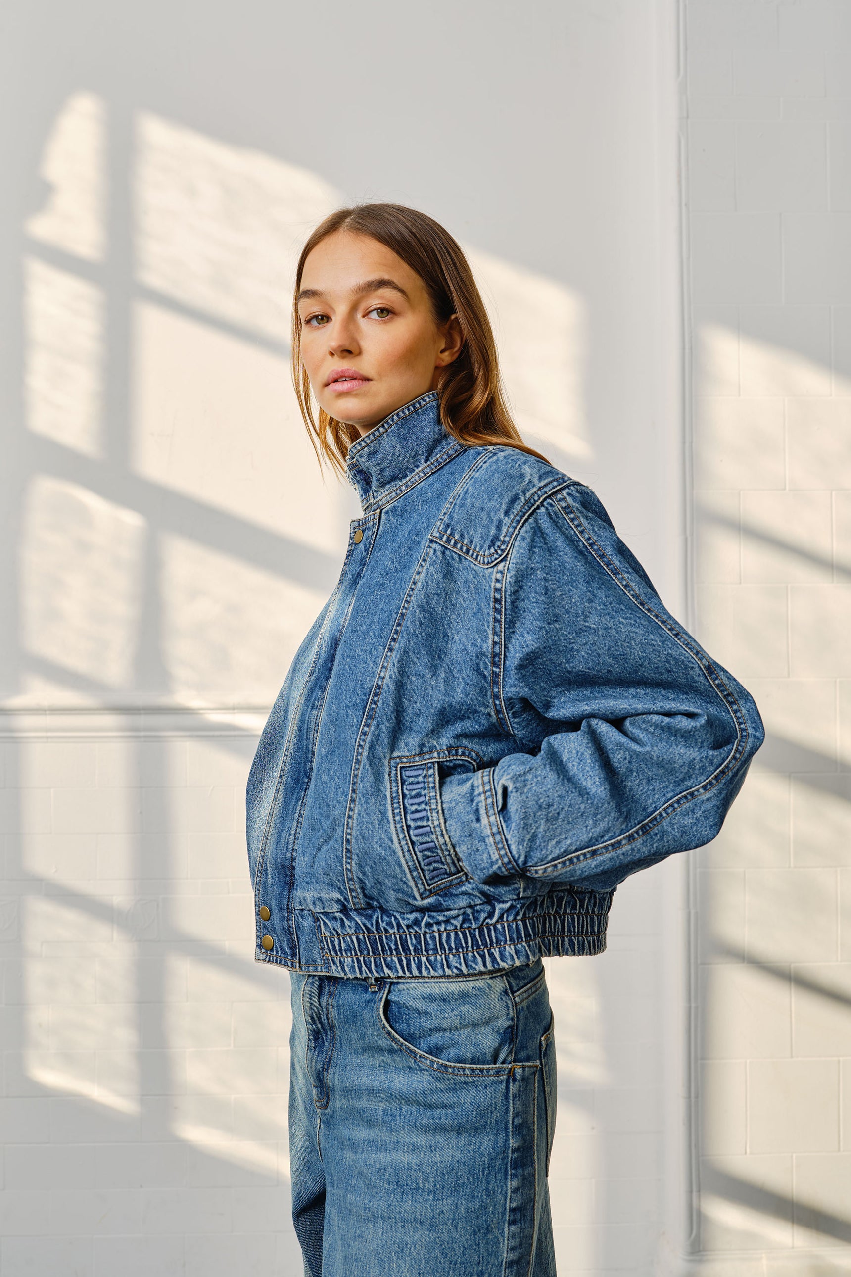 Juno Denim Bomber Jacket in Pasadena