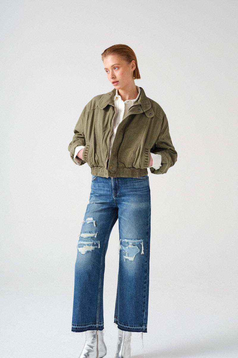 Juno Denim Bomber Jacket in Khaki