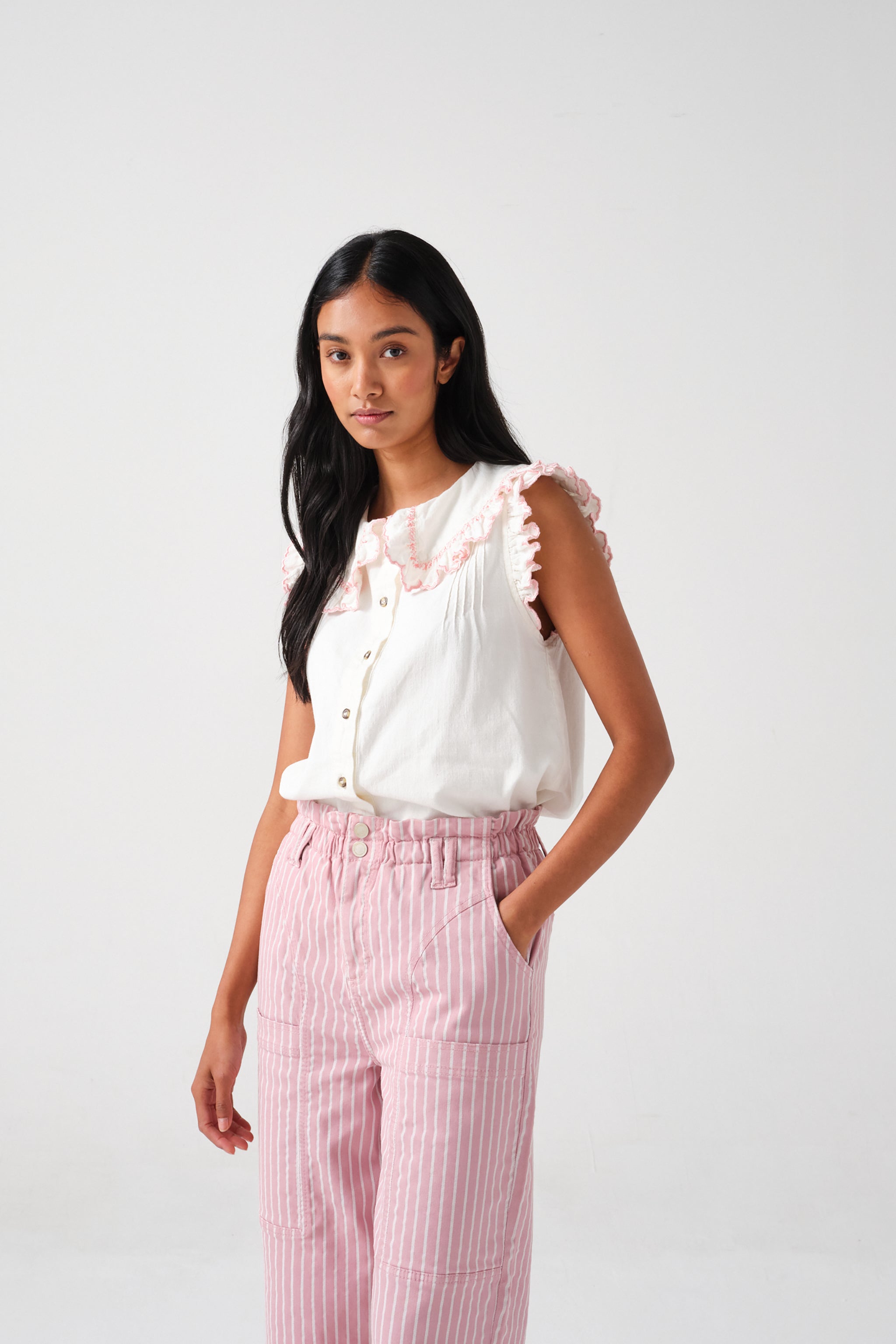 Phoebe Blouse Short Sleeve in Ecru & Dusty Rose Embroidered Denim