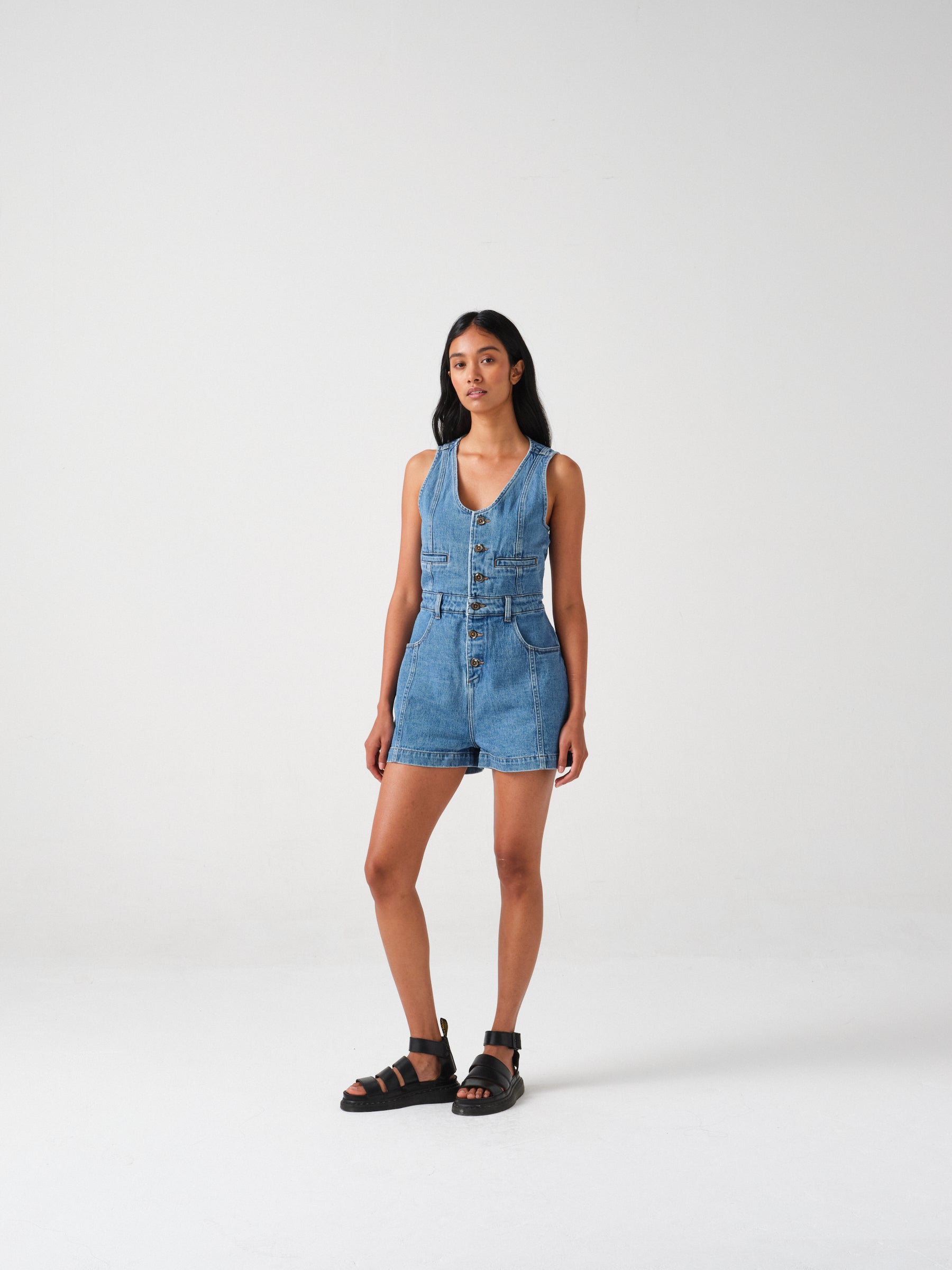 Bea Denim Playsuit in Washed Indigo