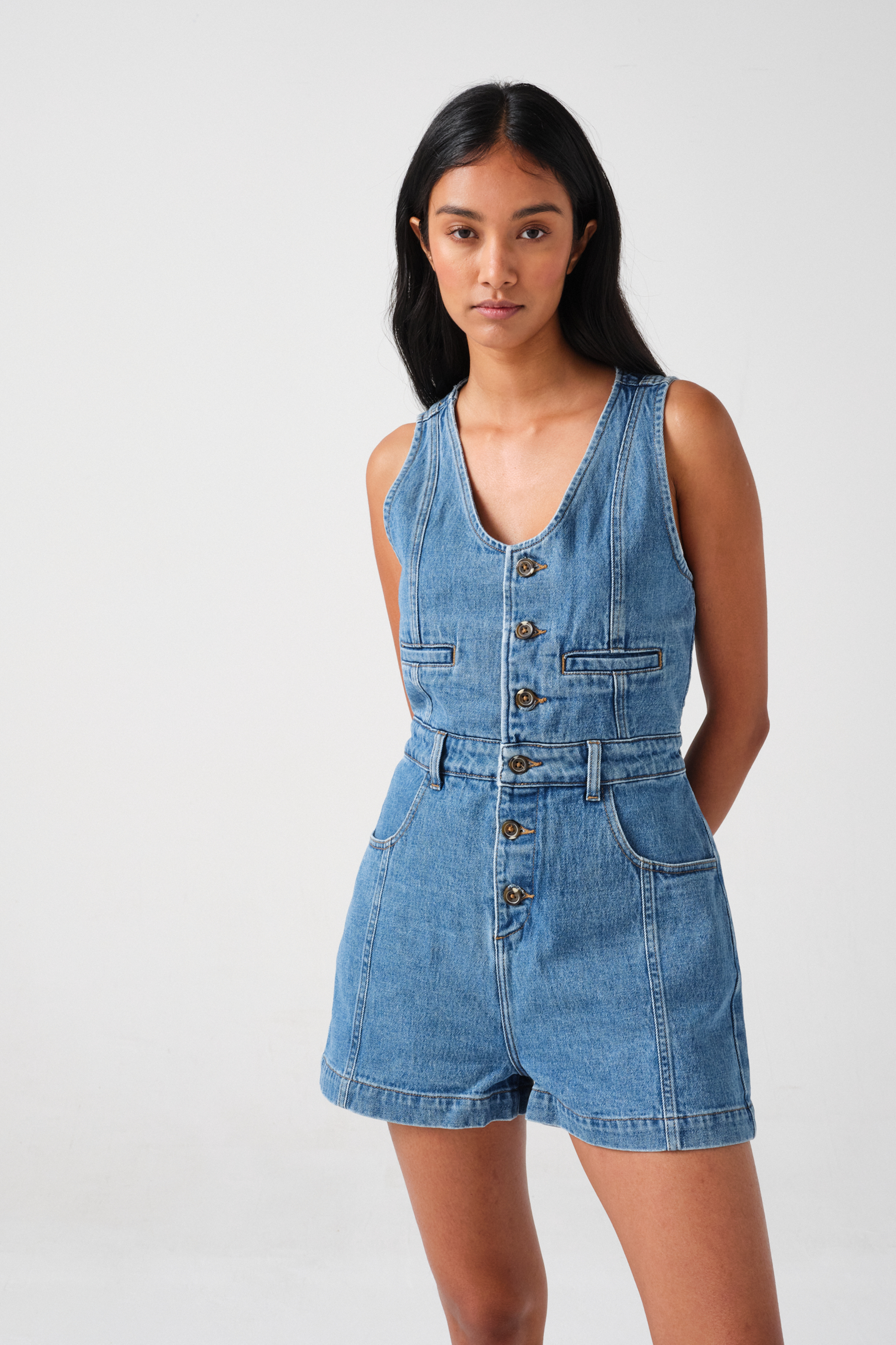 Bea Denim Playsuit in Washed Indigo