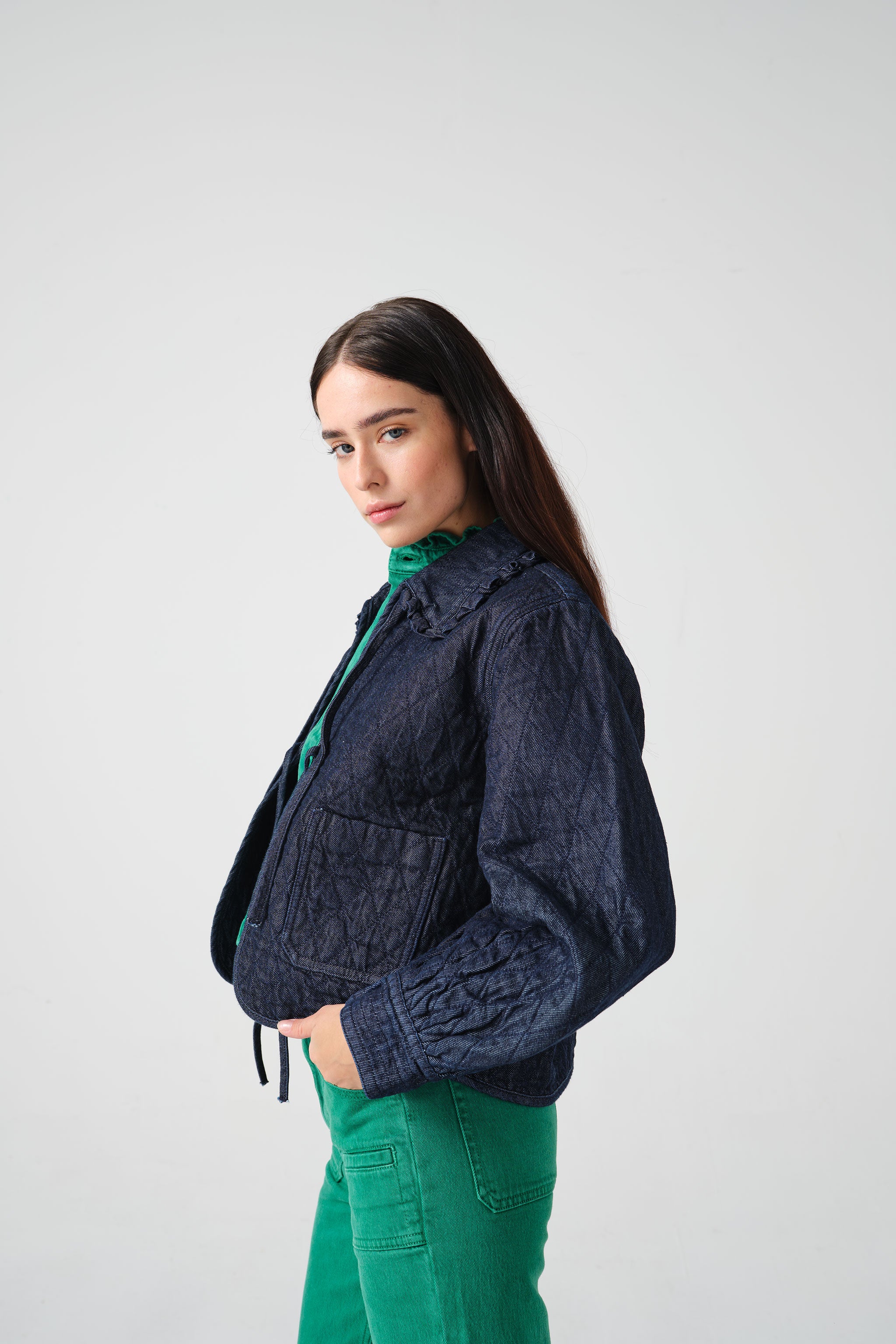 Heidi Quilted Denim Jacket in Indigo Rinse