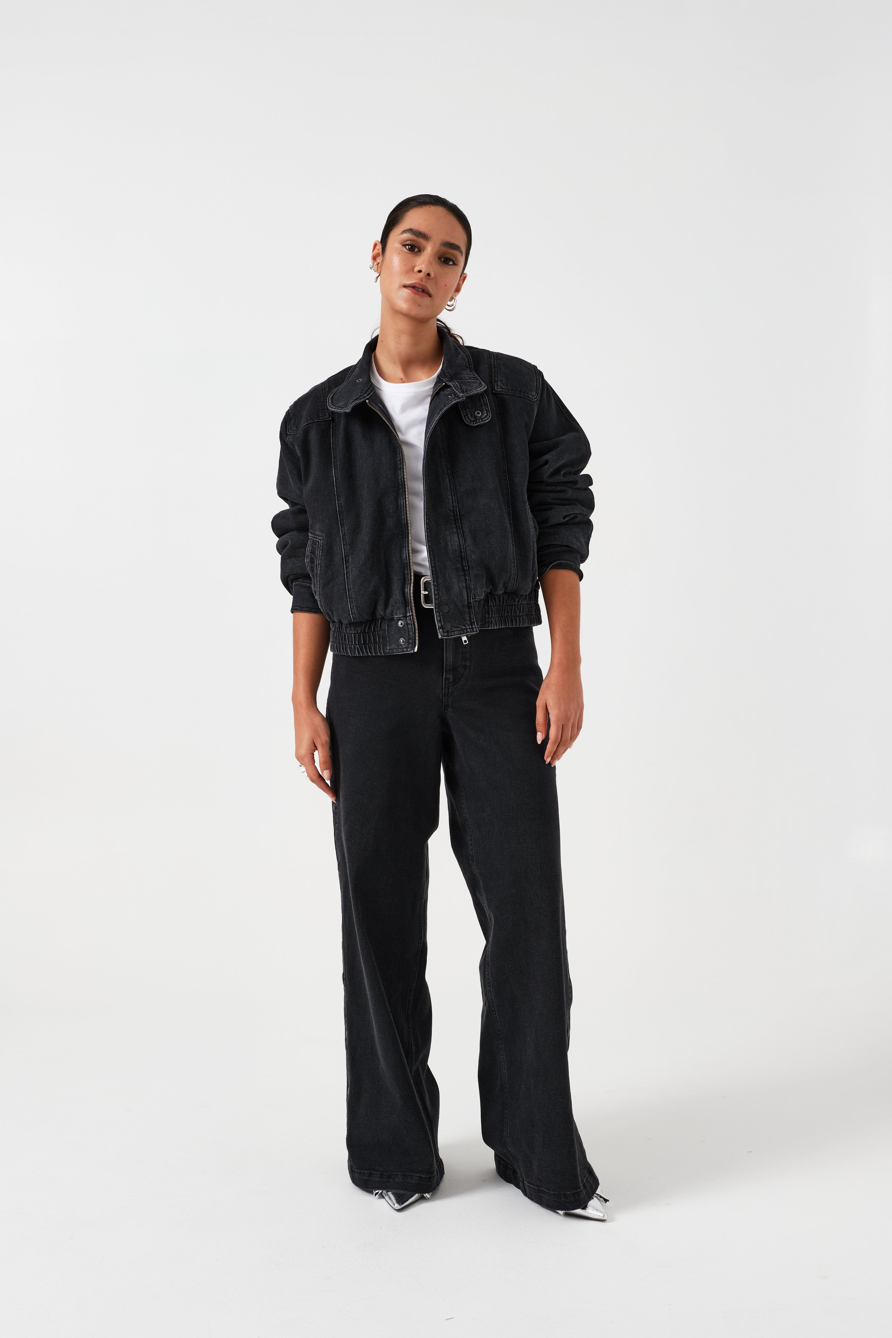 Juno Denim Bomber Jacket in Washed Black