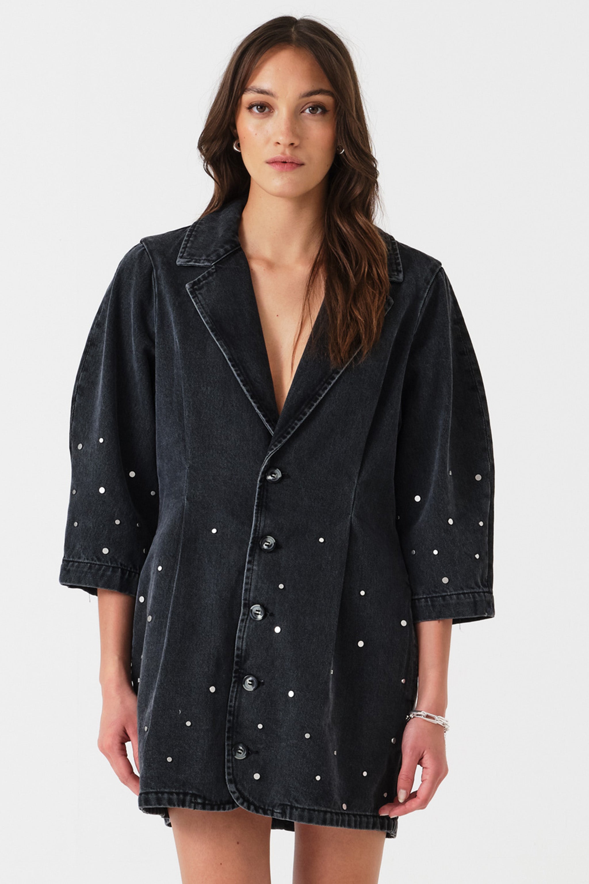 Bette Studded Denim Mini Dress in Raven