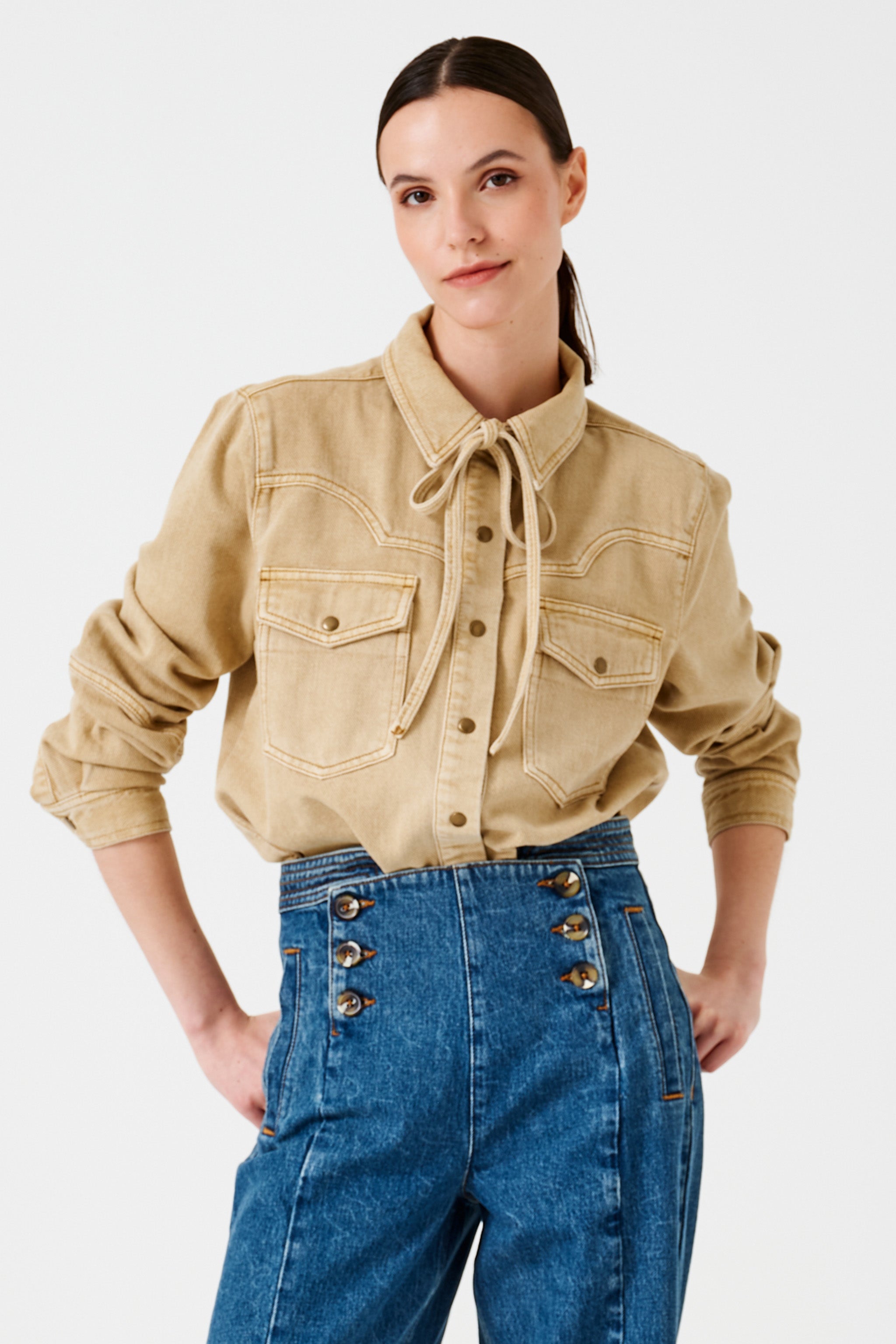 Mia Western Denim Shirt in Desert Sand