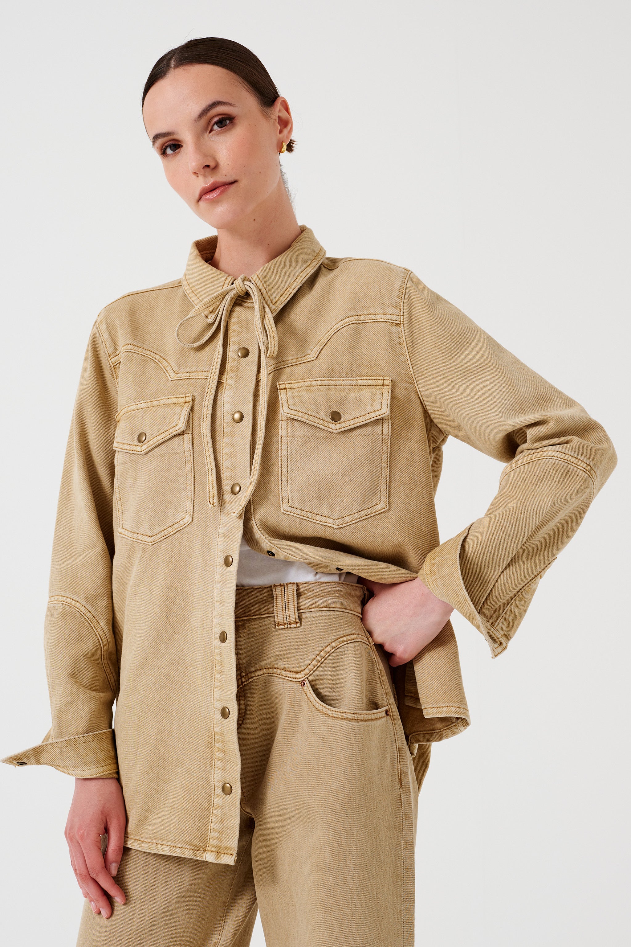 Mia Western Denim Shirt in Desert Sand