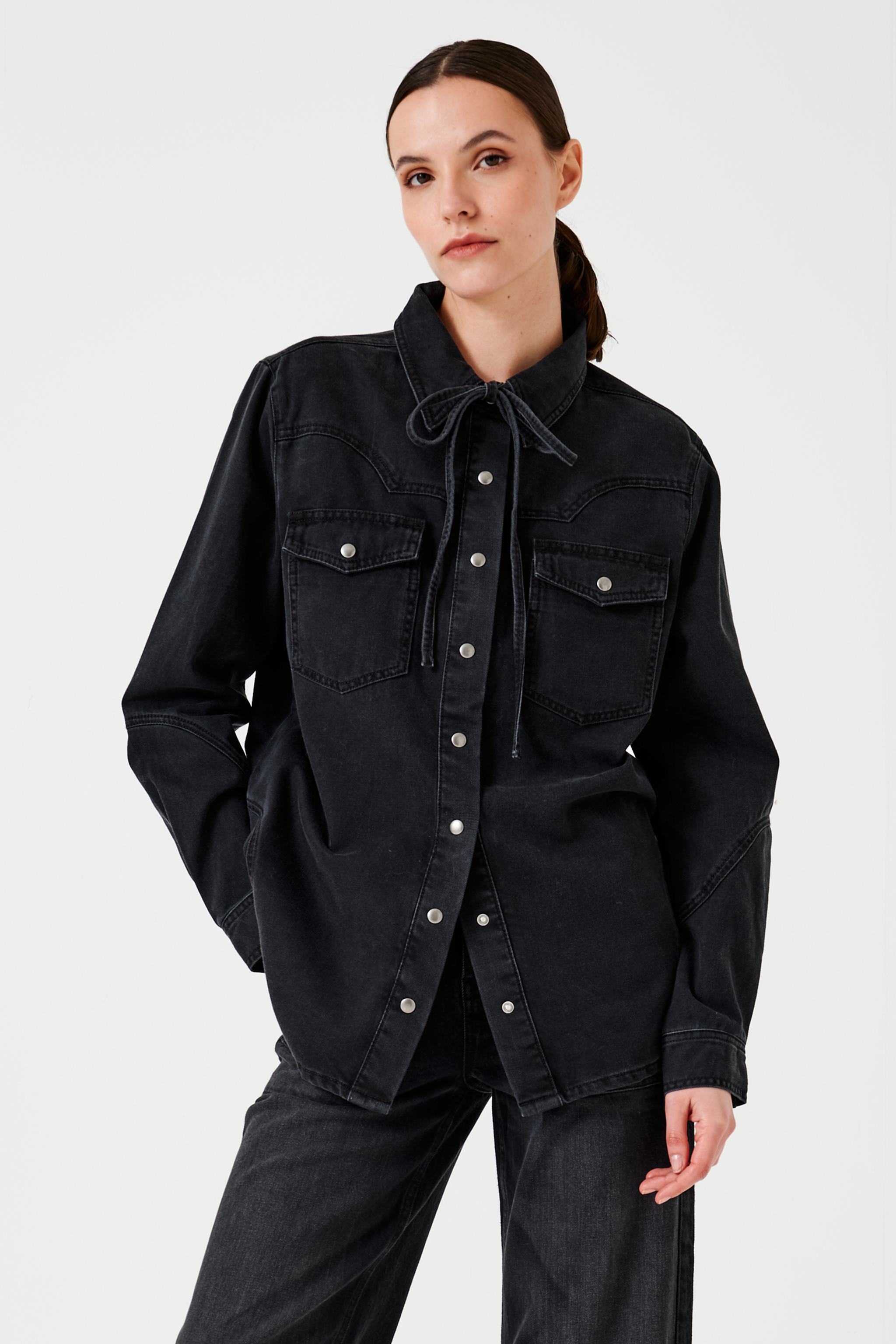 Mia Western Denim Shirt in Vintage Black