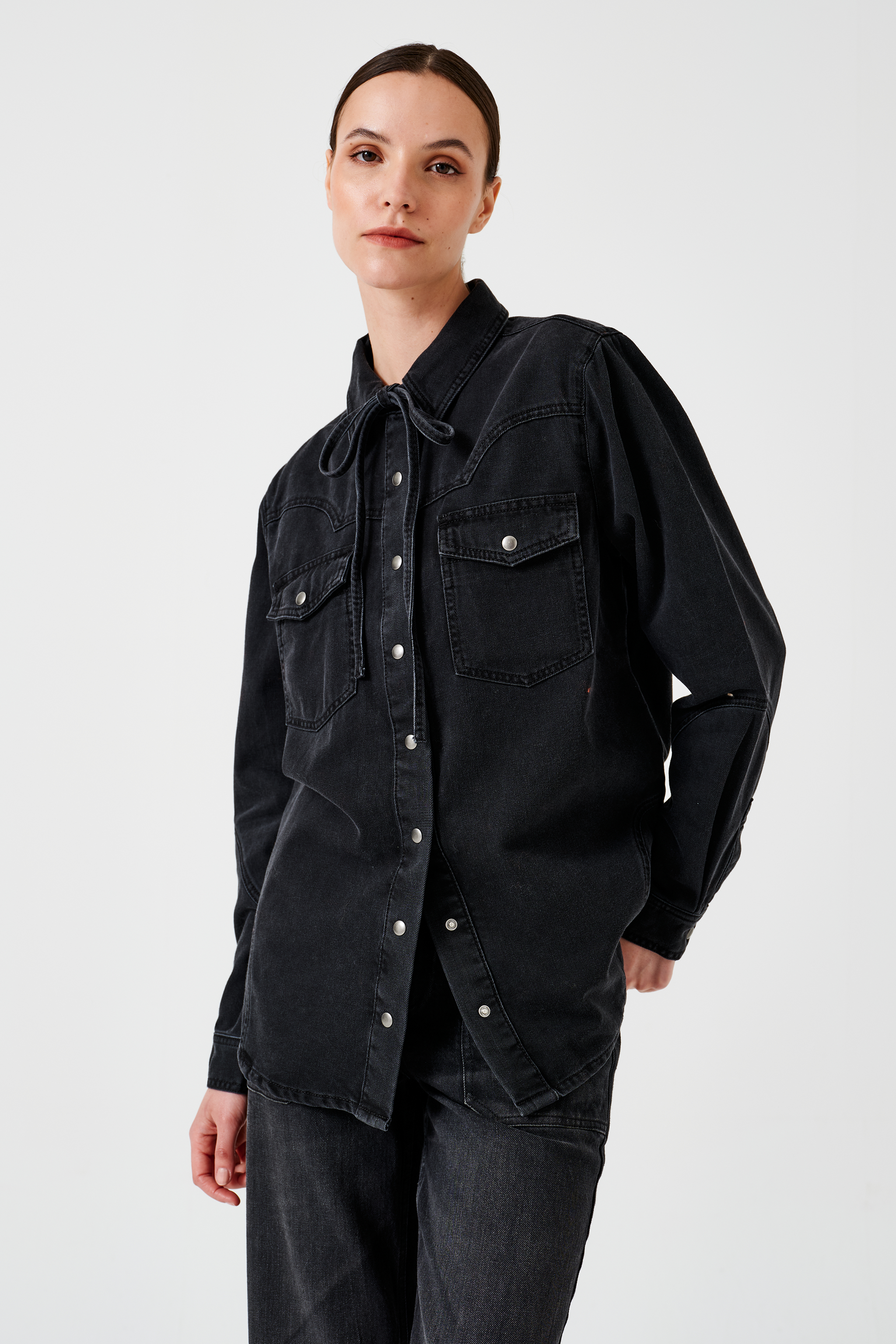 Mia Western Denim Shirt in Vintage Black