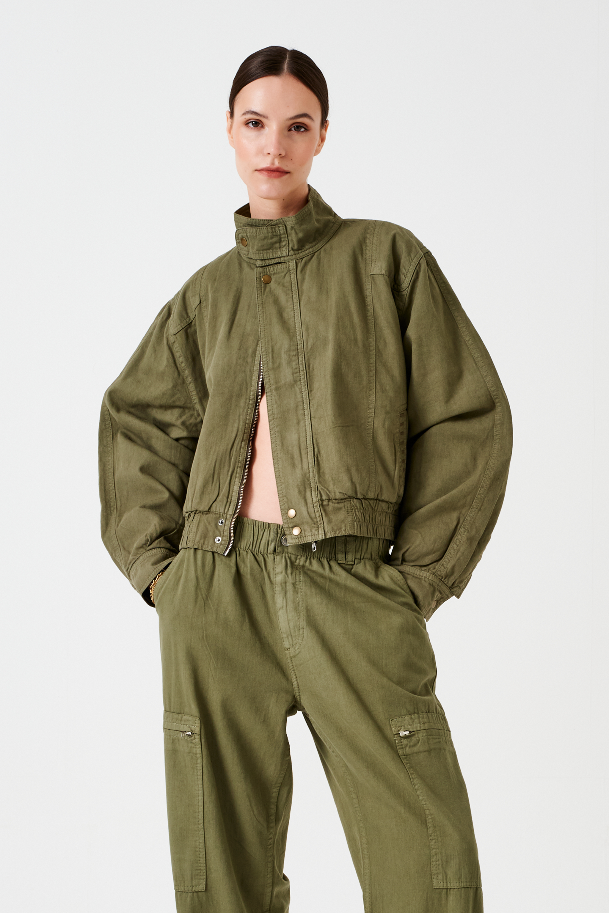 Juno Denim Bomber Jacket in Khaki