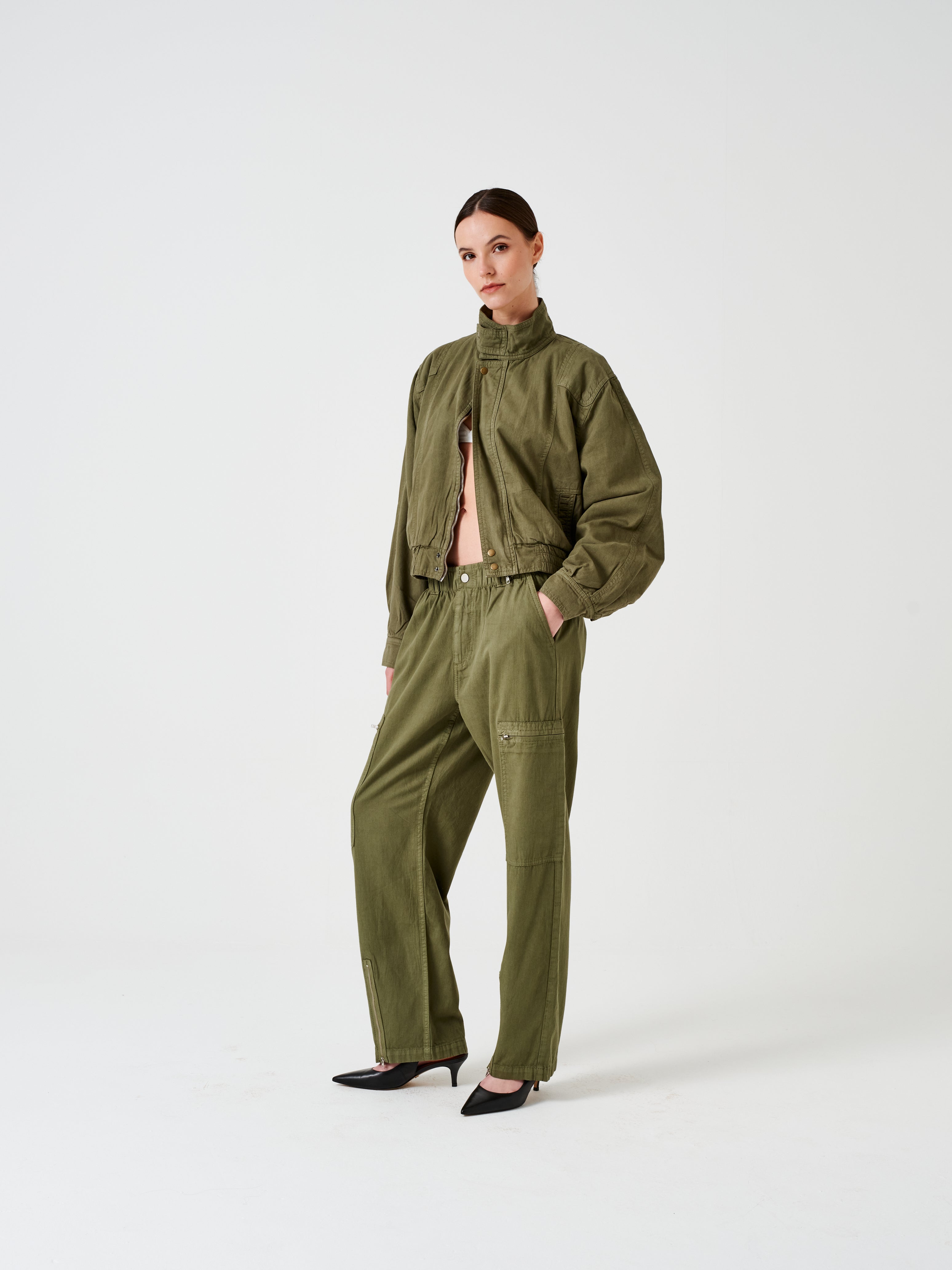 Juno Denim Bomber Jacket in Khaki