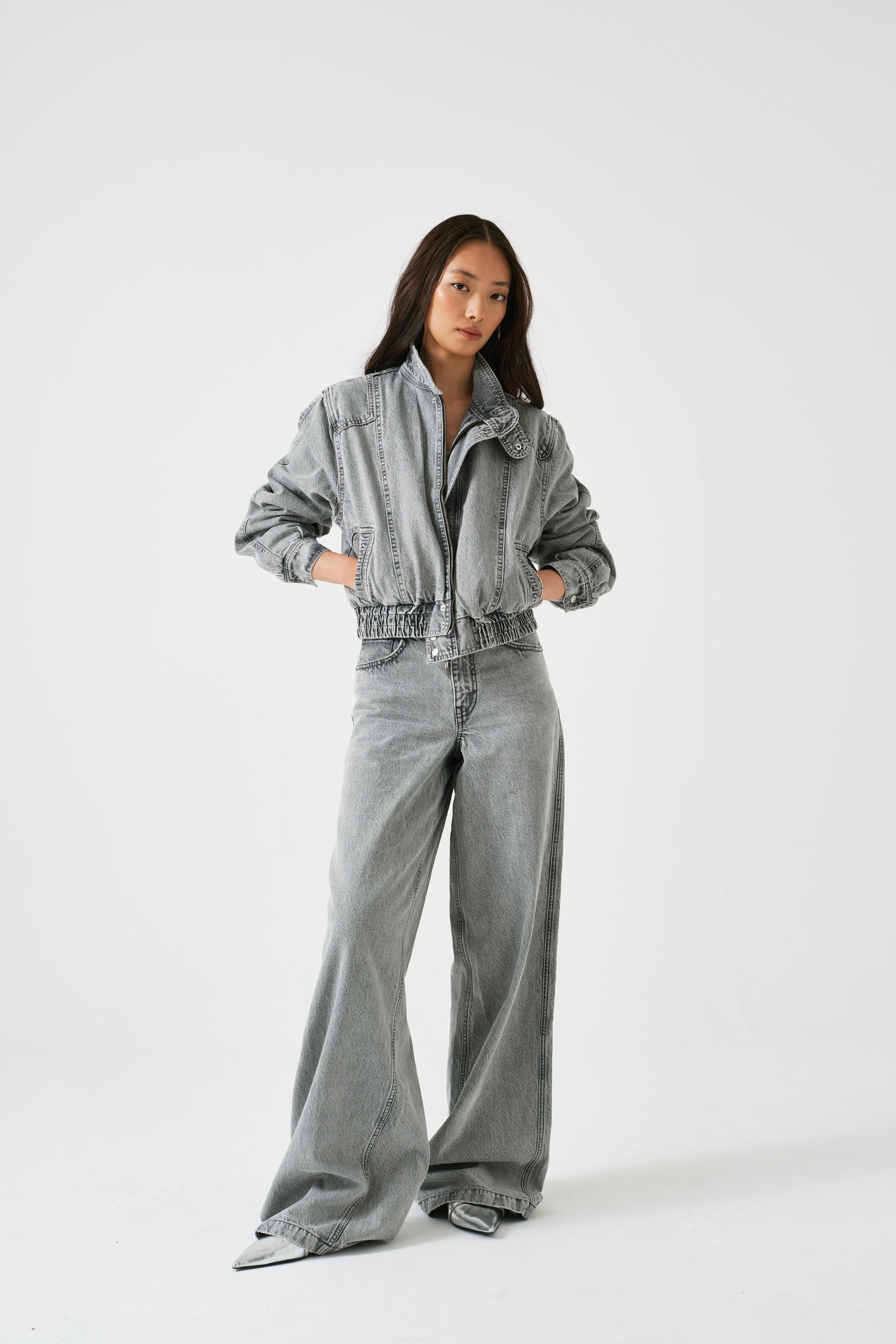 Juno Denim Bomber Jacket in Silver Lining
