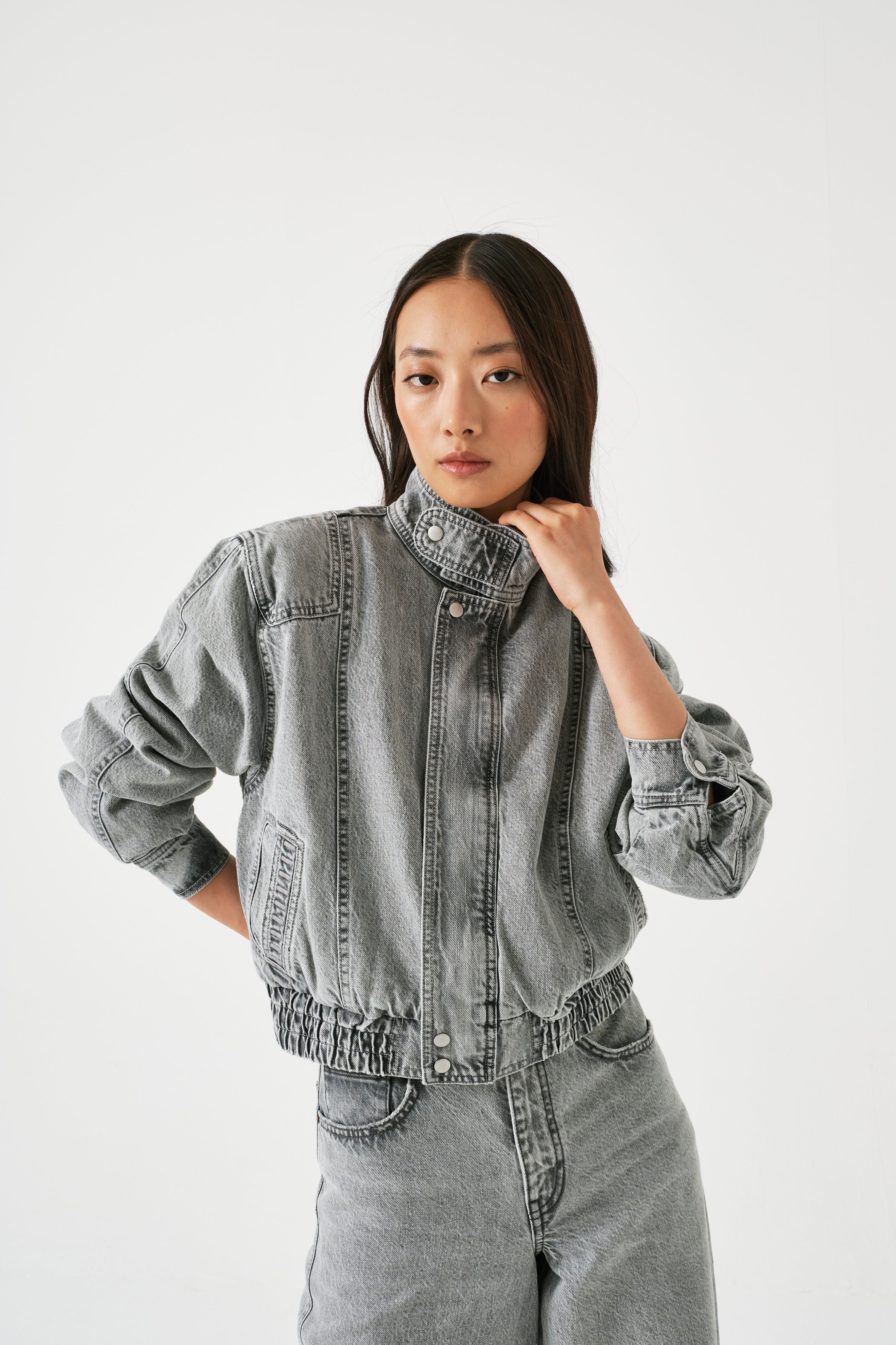 Juno Denim Bomber Jacket in Silver Lining