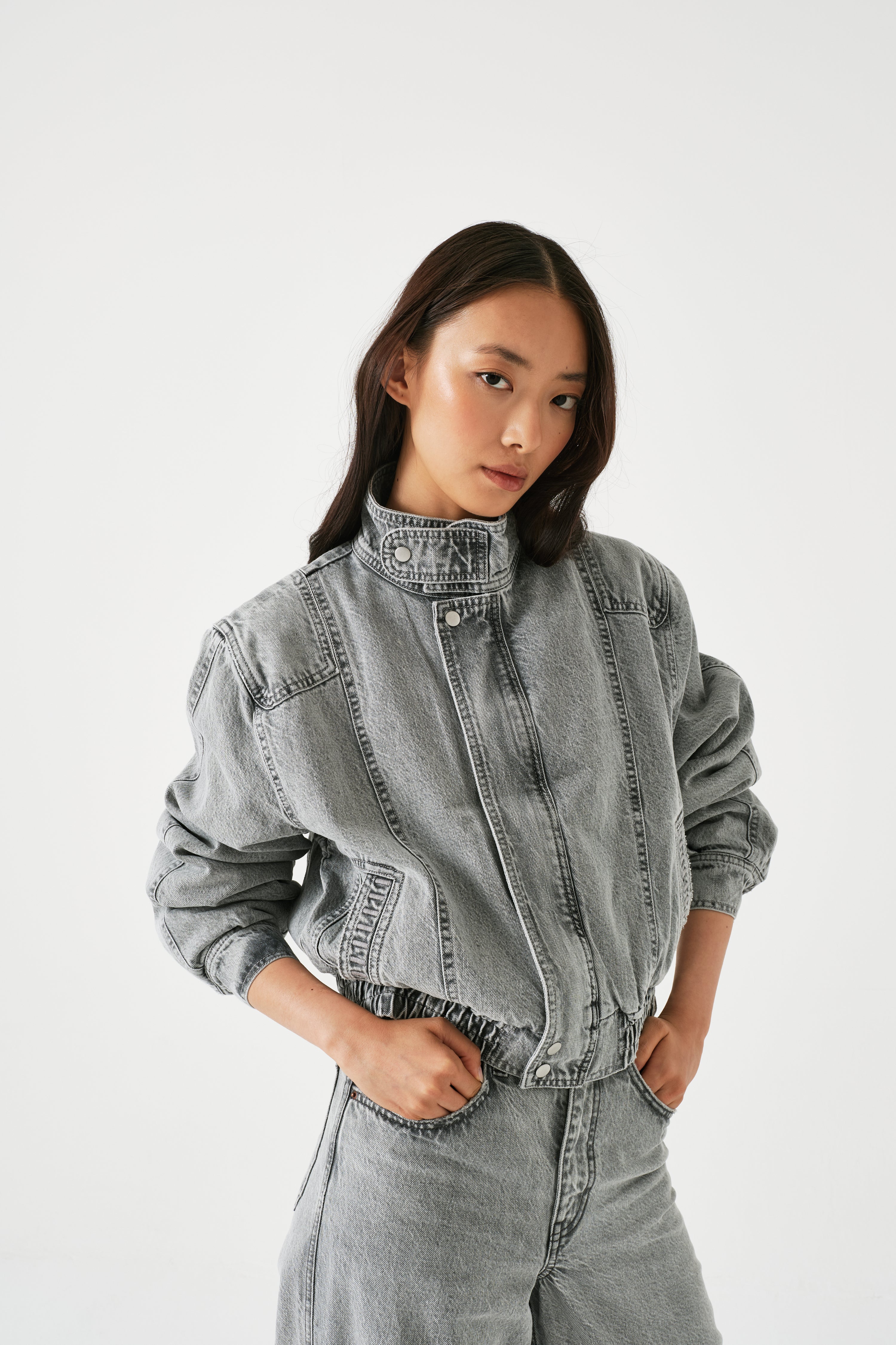 Juno Denim Bomber Jacket in Silver Lining