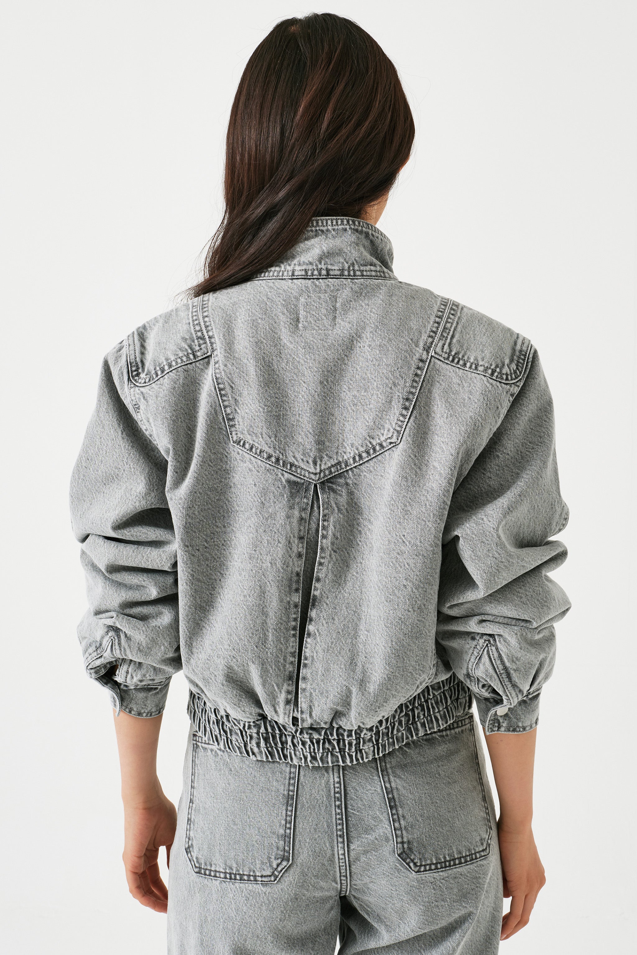 Juno Denim Bomber Jacket in Silver Lining