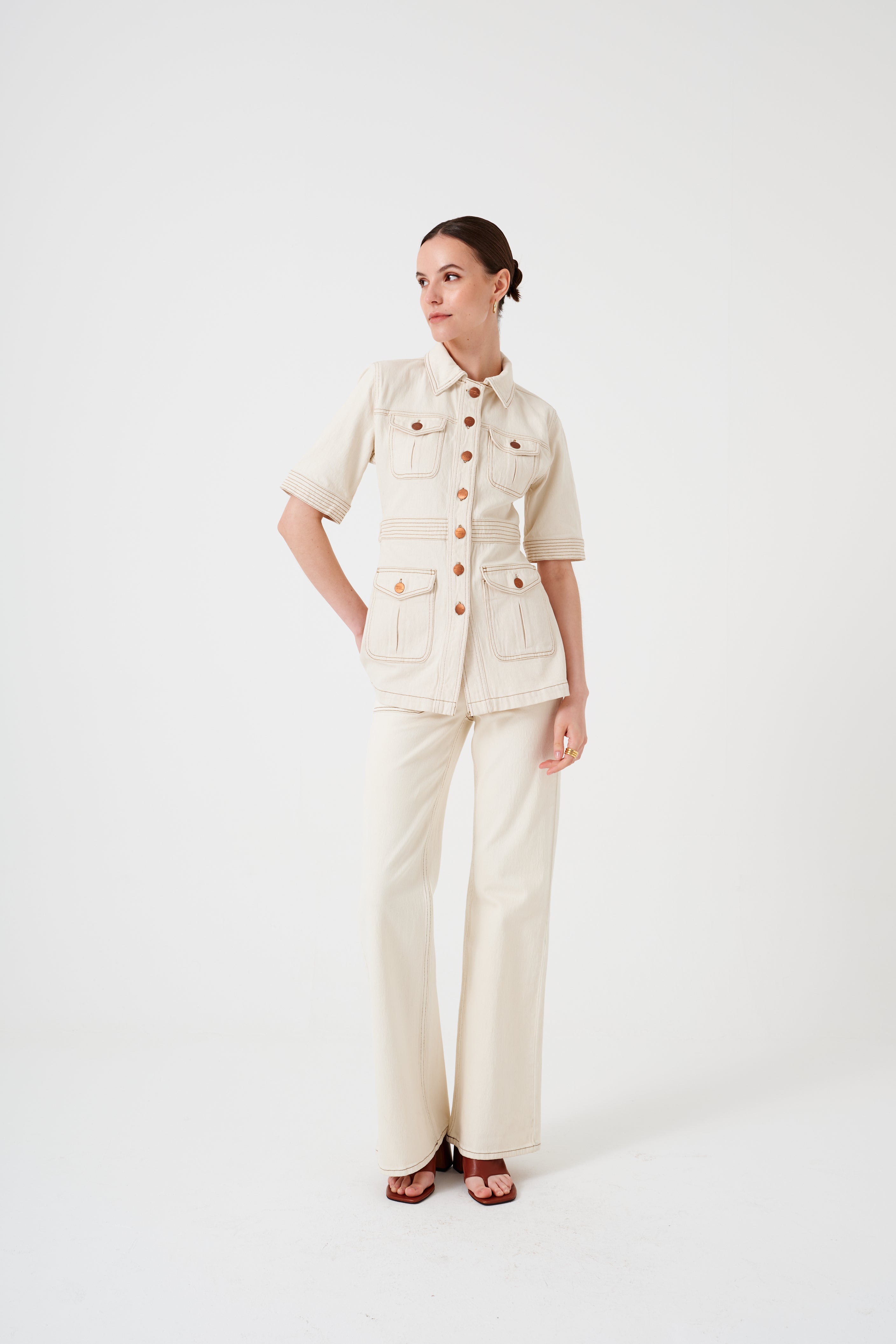 Ani Half Sleeve Denim Jacket in Ecru