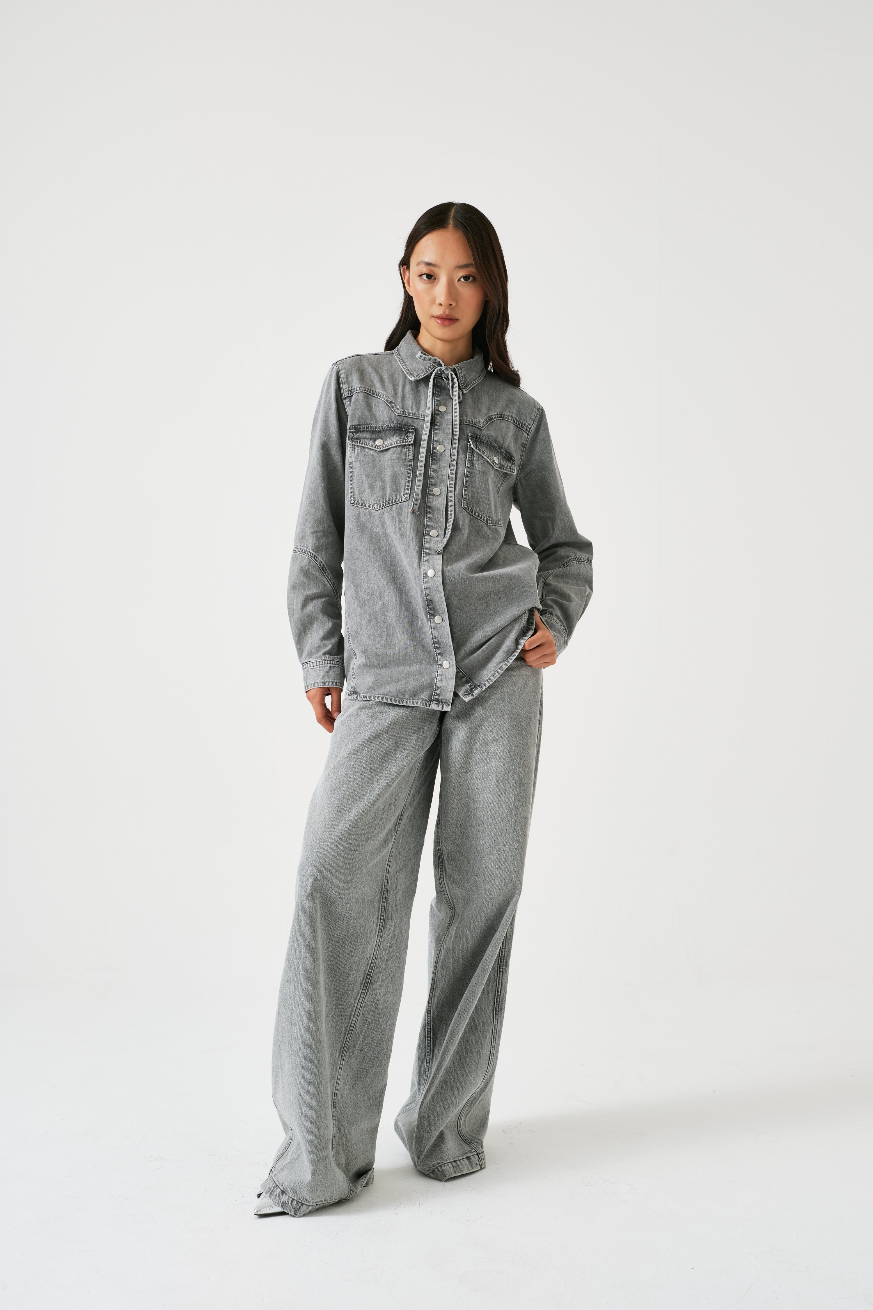 Mia Western Denim Shirt in Silver Lining