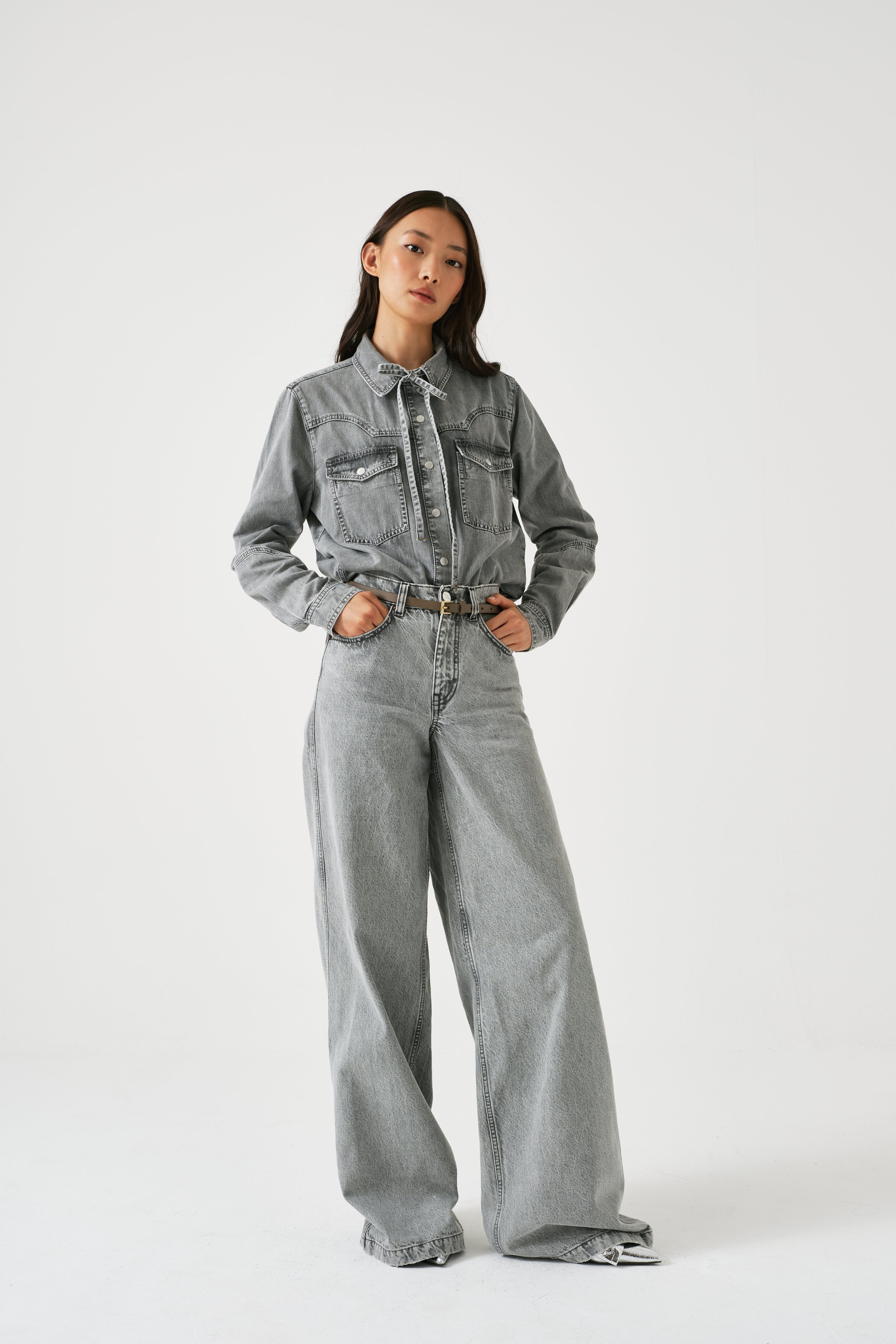 Mia Western Denim Shirt in Silver Lining