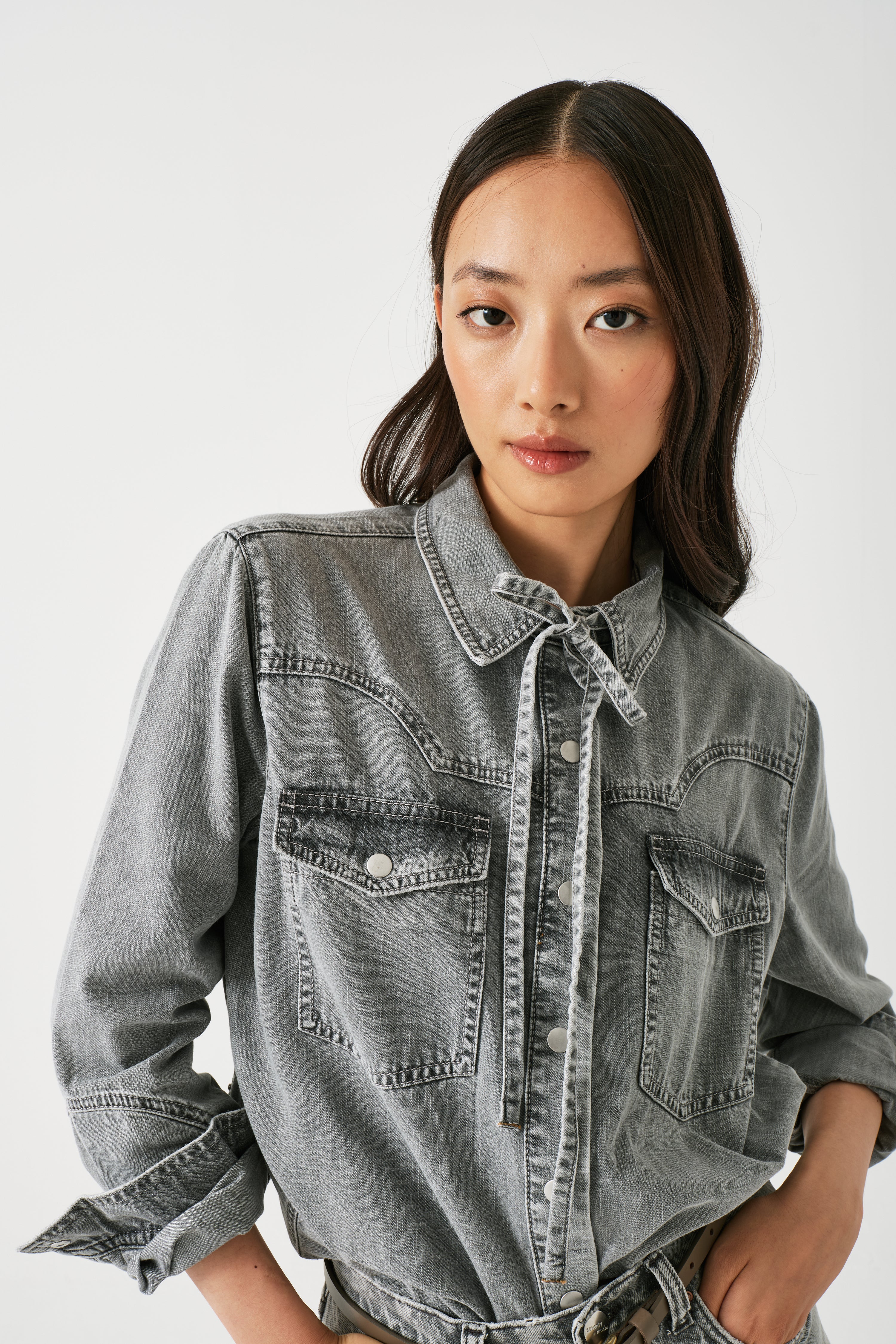 Mia Western Denim Shirt in Silver Lining
