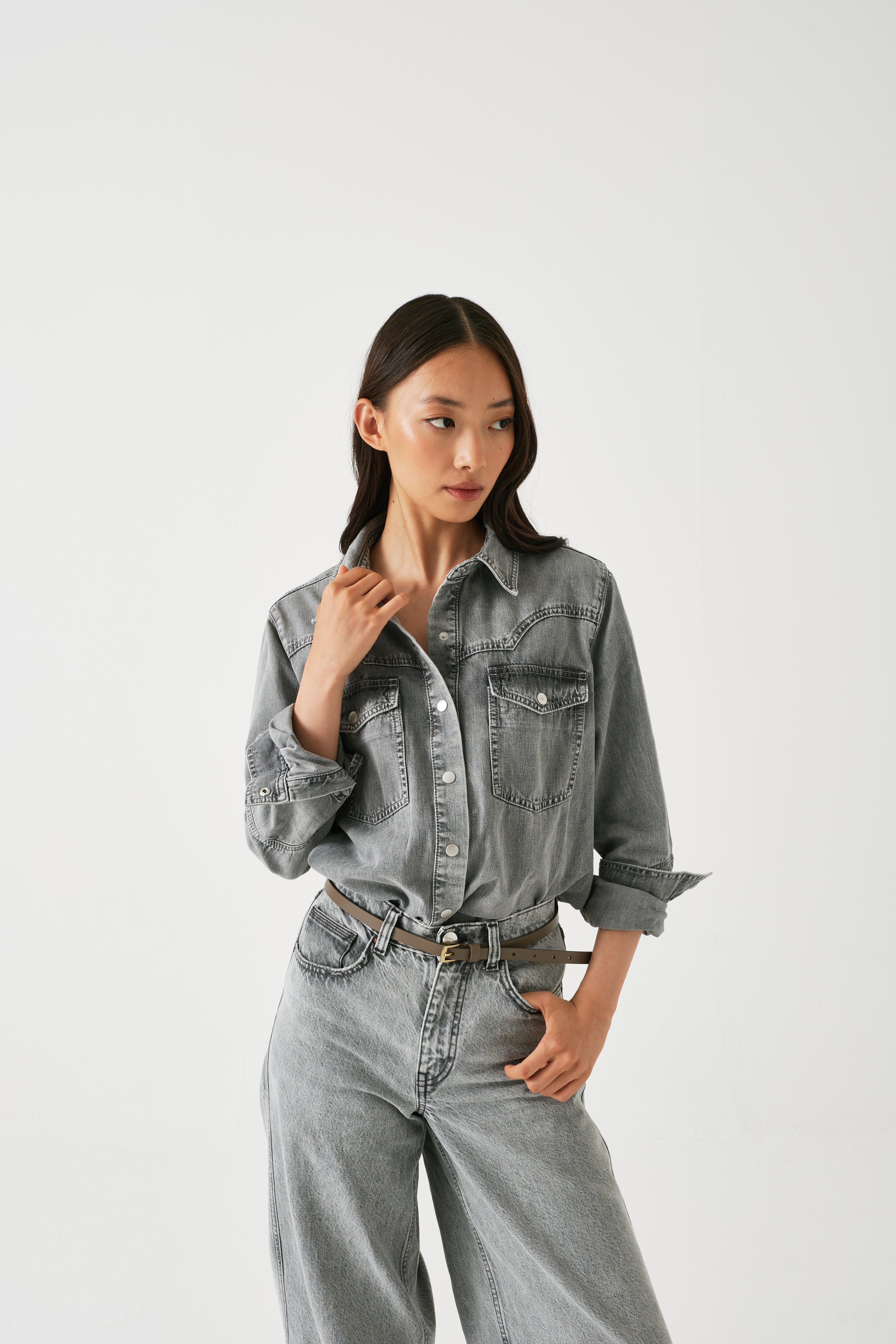 Mia Western Denim Shirt in Silver Lining