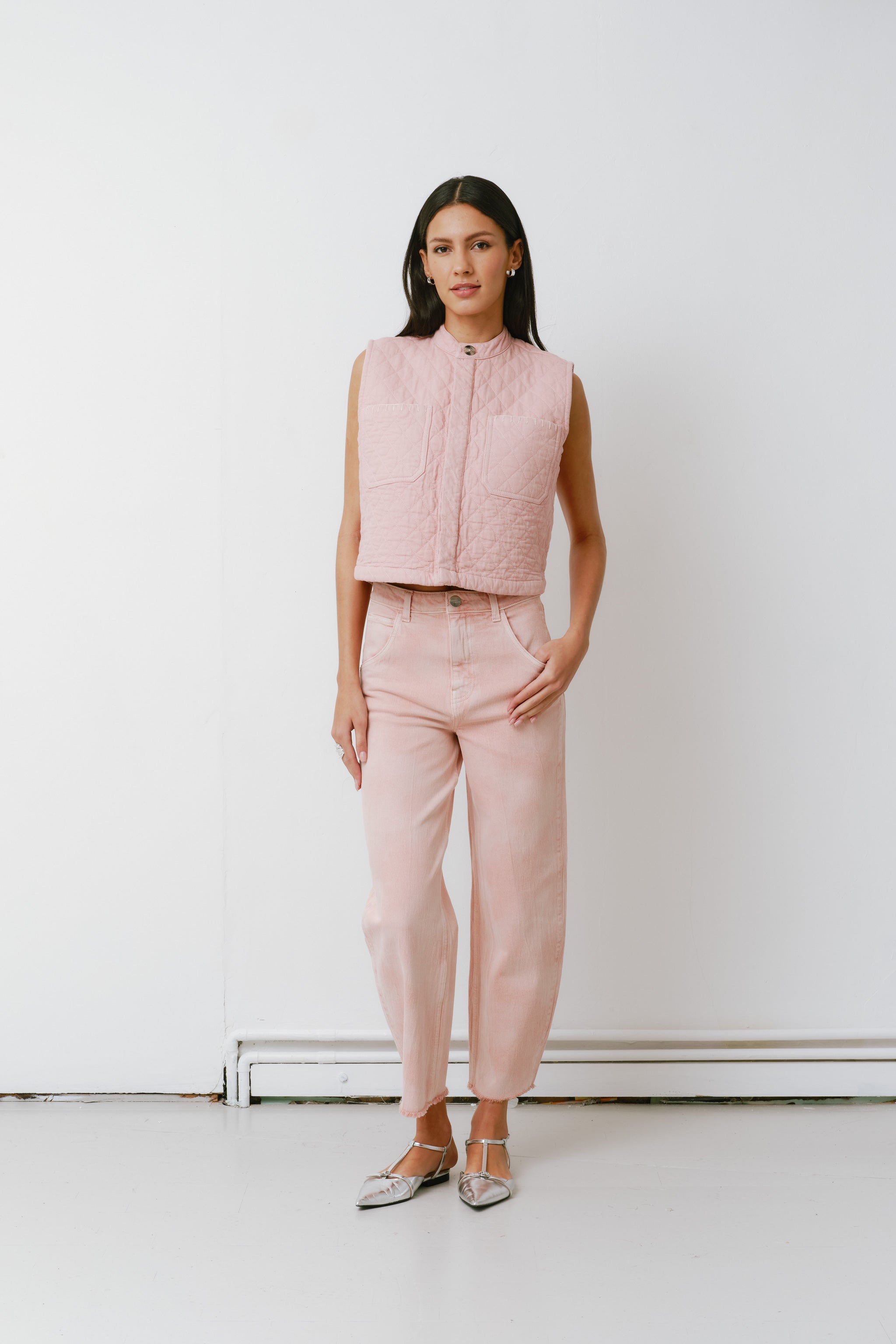 Pablo Quilted Denim Vest in Peony Pink