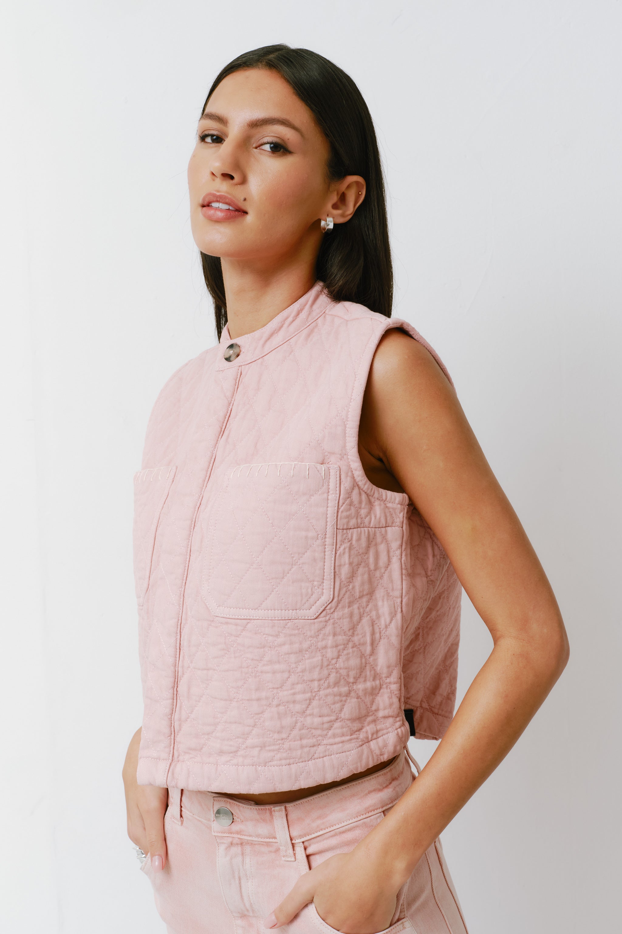 Pablo Quilted Denim Vest in Peony Pink