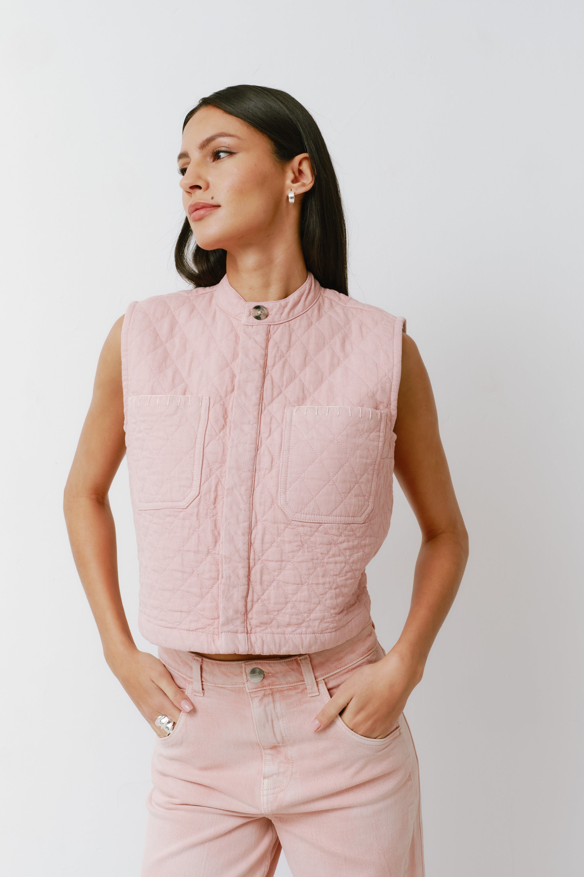 Pablo Quilted Denim Vest in Peony Pink