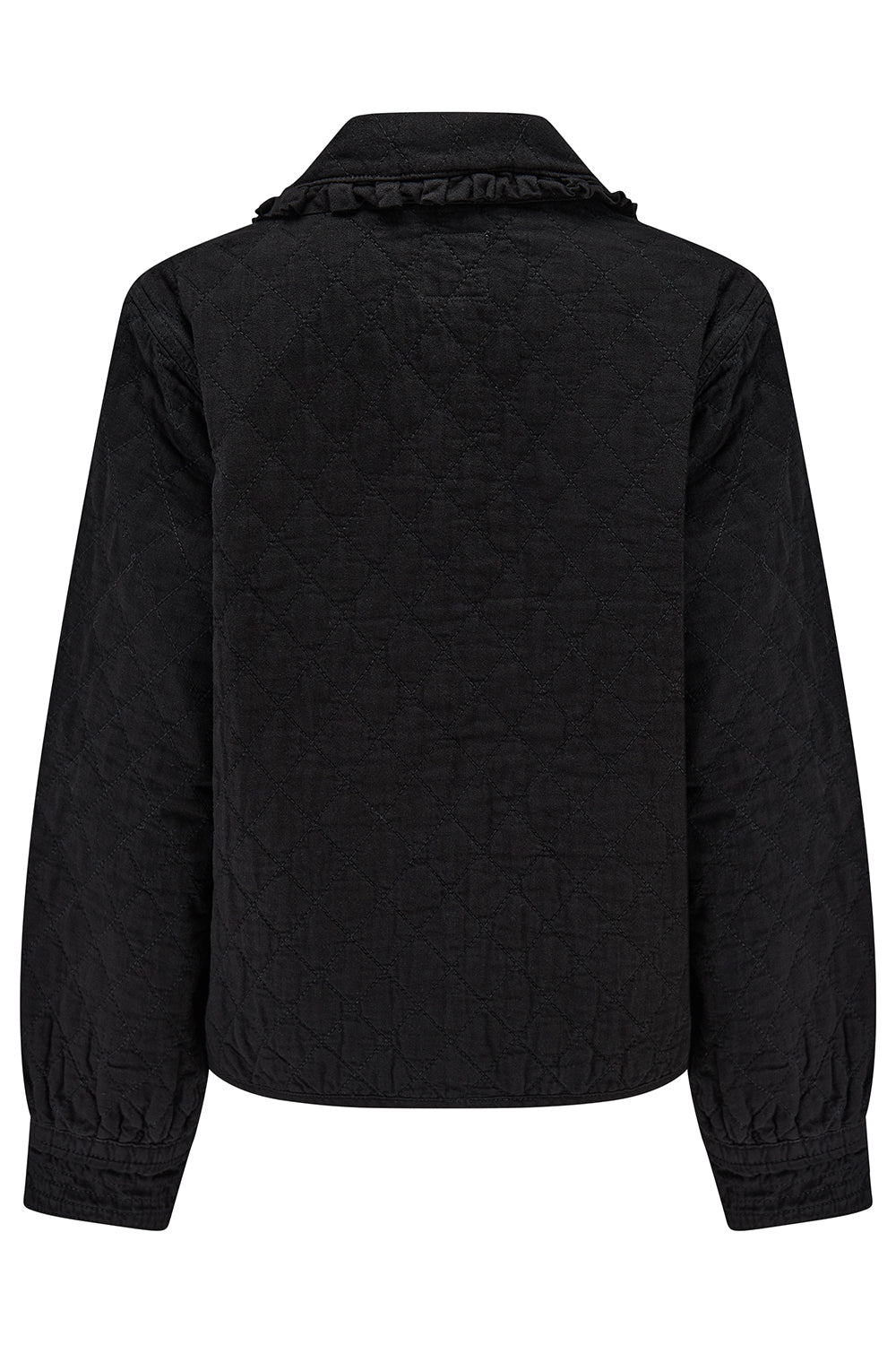 black quilted denim jacket with a ruffled collar, front tie closures, and two large pockets on a white background