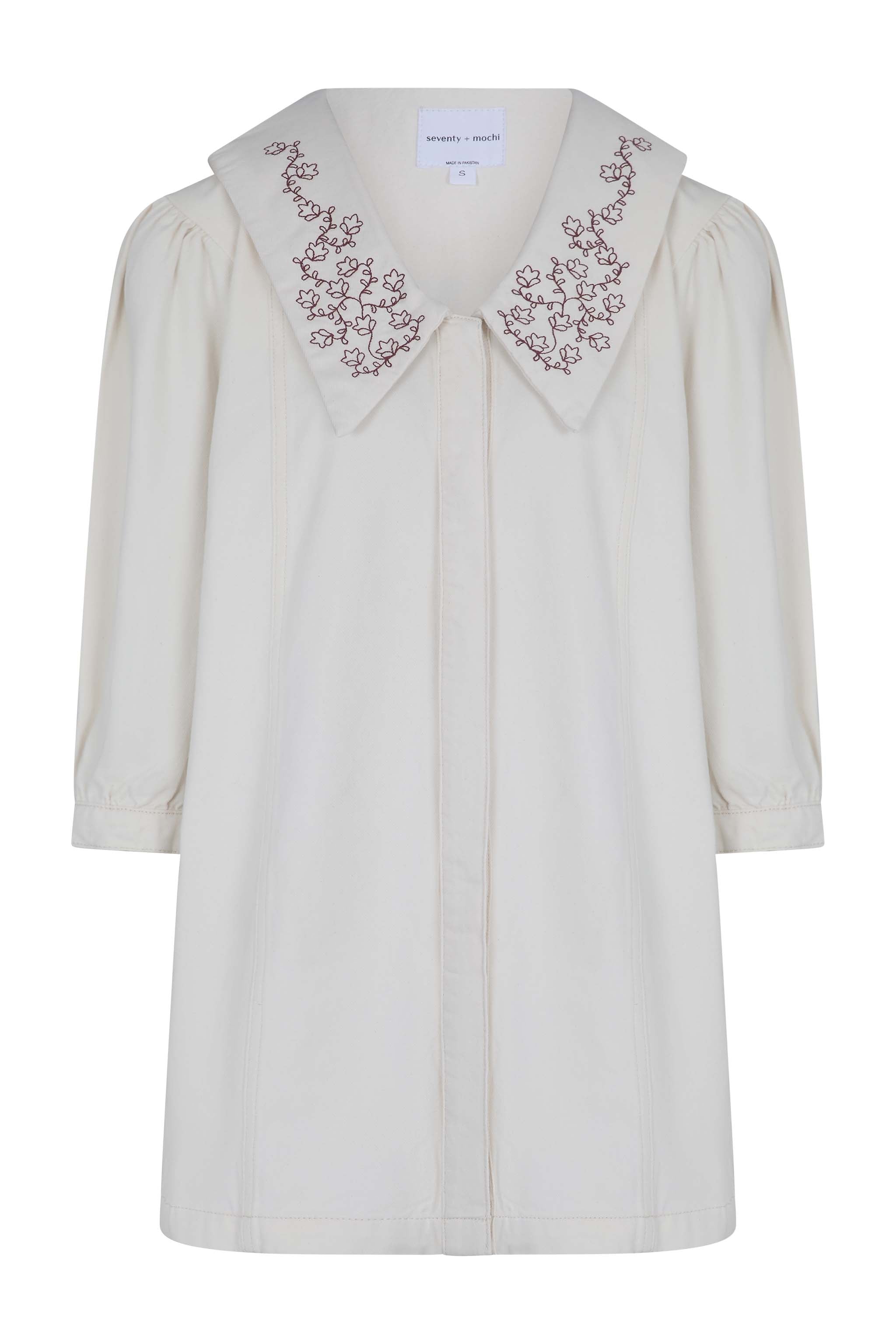 Neve Flower-Embroidered Denim Mini Dress in Ecru