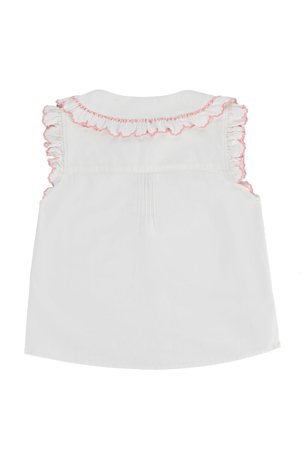 a short sleeve blouse with a frill collar and embroidered details in ecru and dusty rose colors