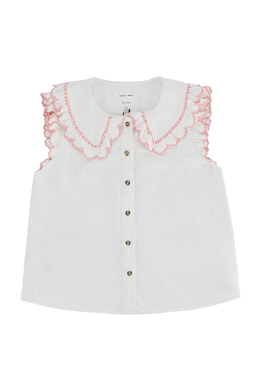 a short sleeve blouse with a frill collar and embroidered details in ecru and dusty rose colors