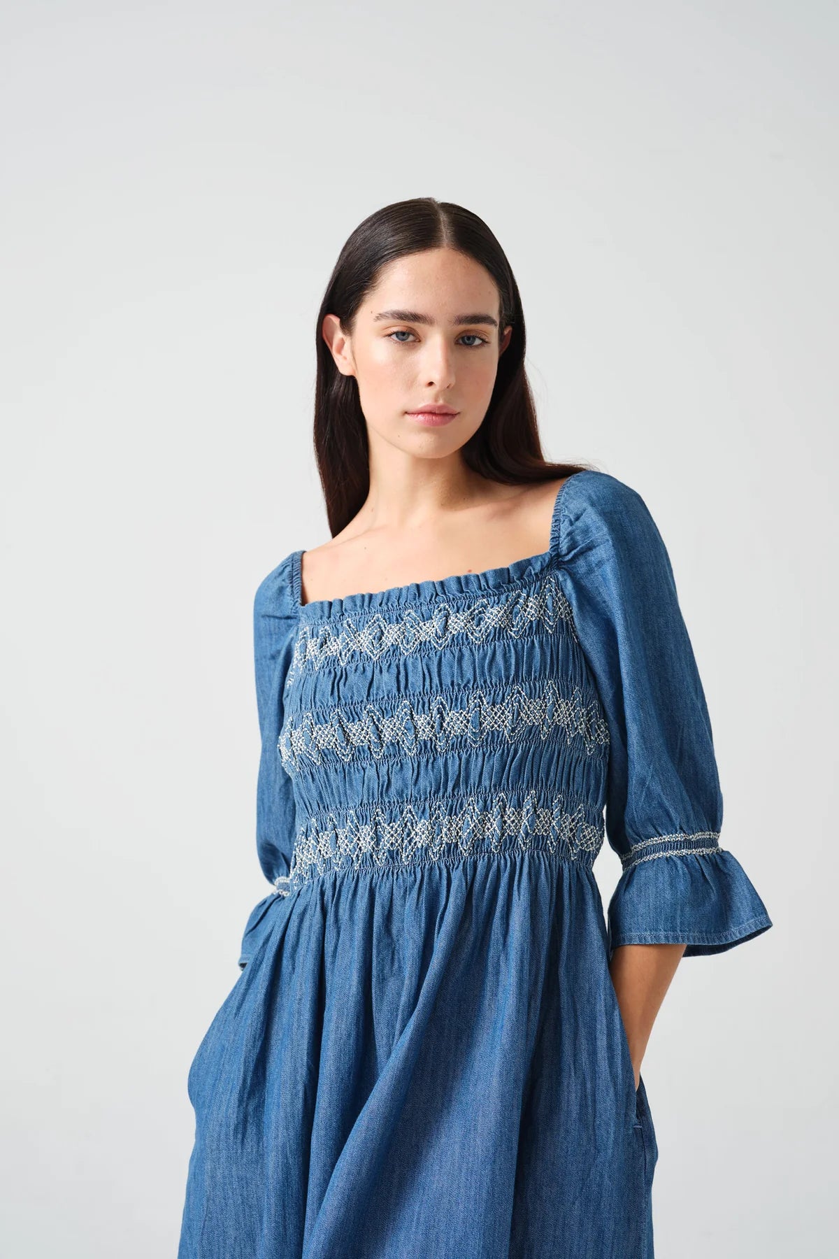 Sally Dress 3/4 Sleeve in Washed Indigo