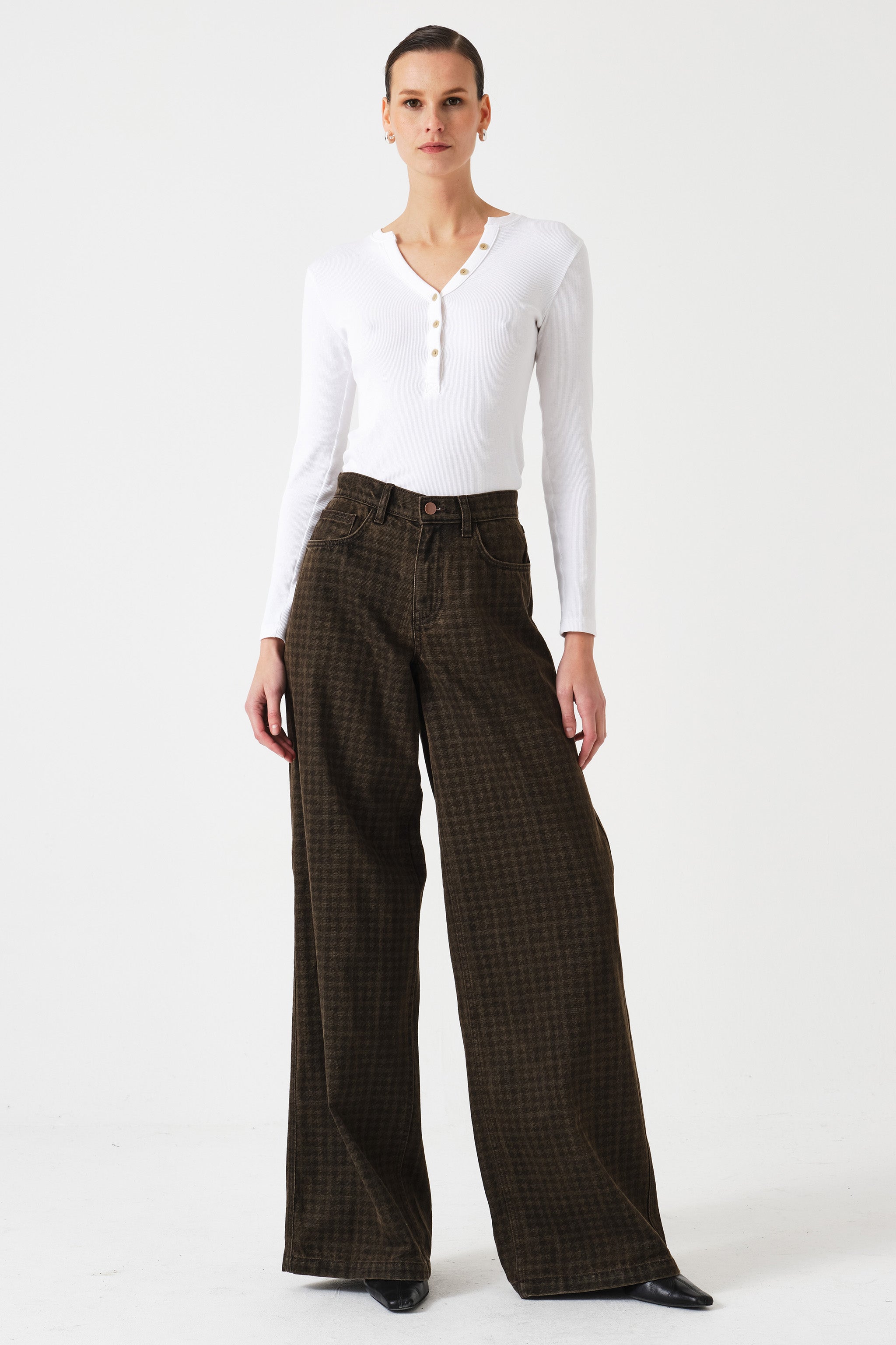 Bay Wide Leg Jean in Houndstooth Cacao