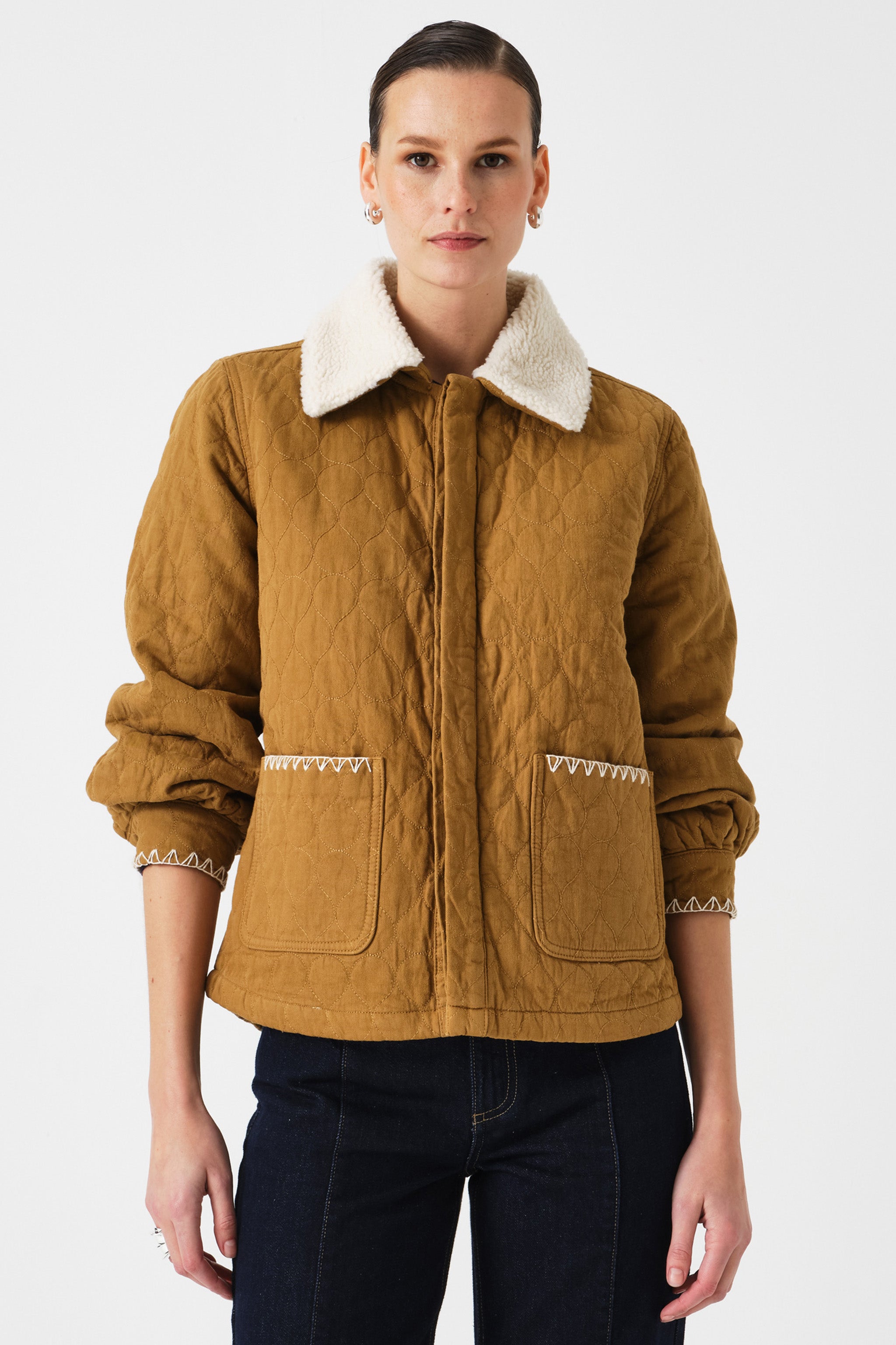 Frida Sherpa Collar Quilted Jacket in Olive