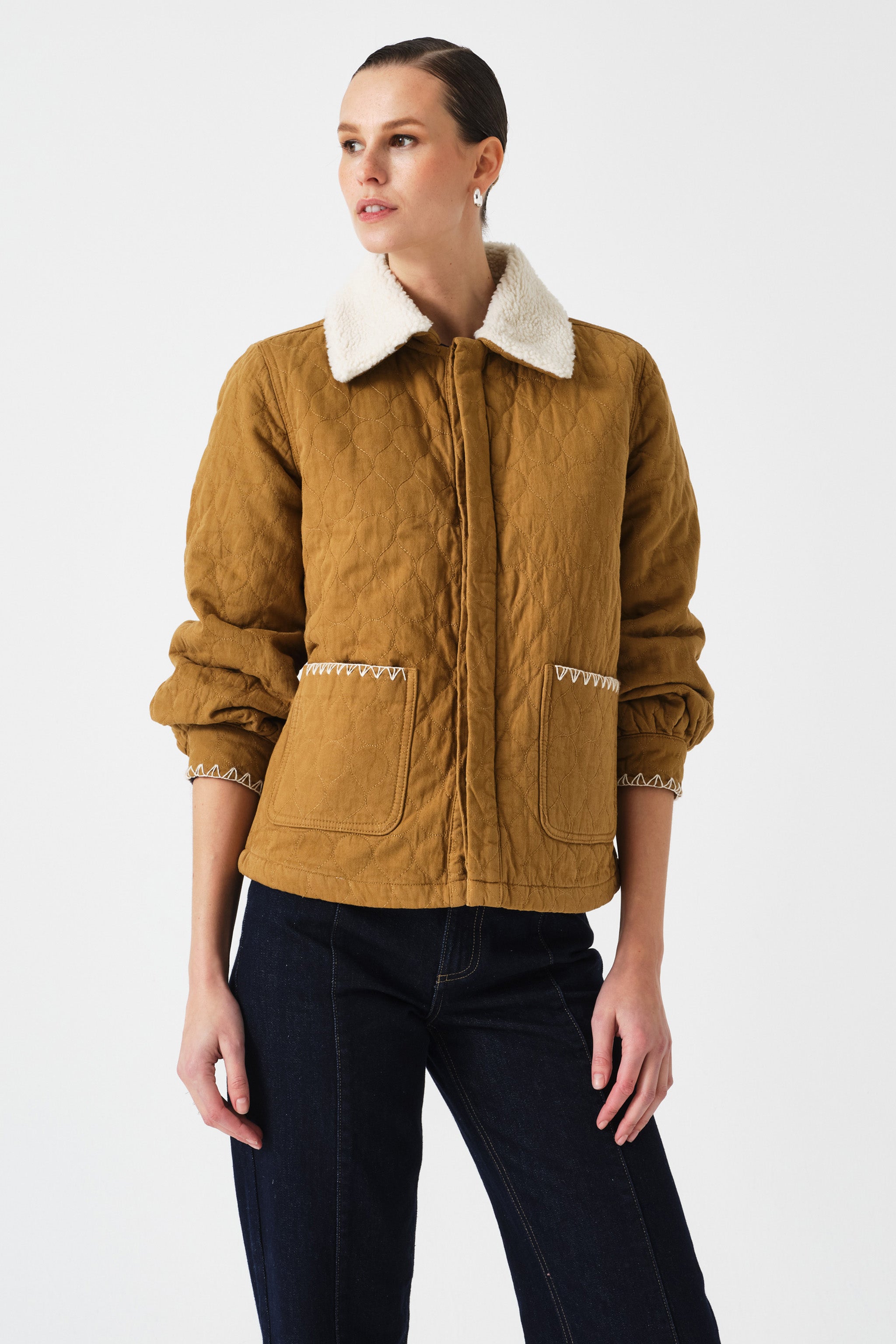 Frida Sherpa Collar Quilted Jacket in Olive