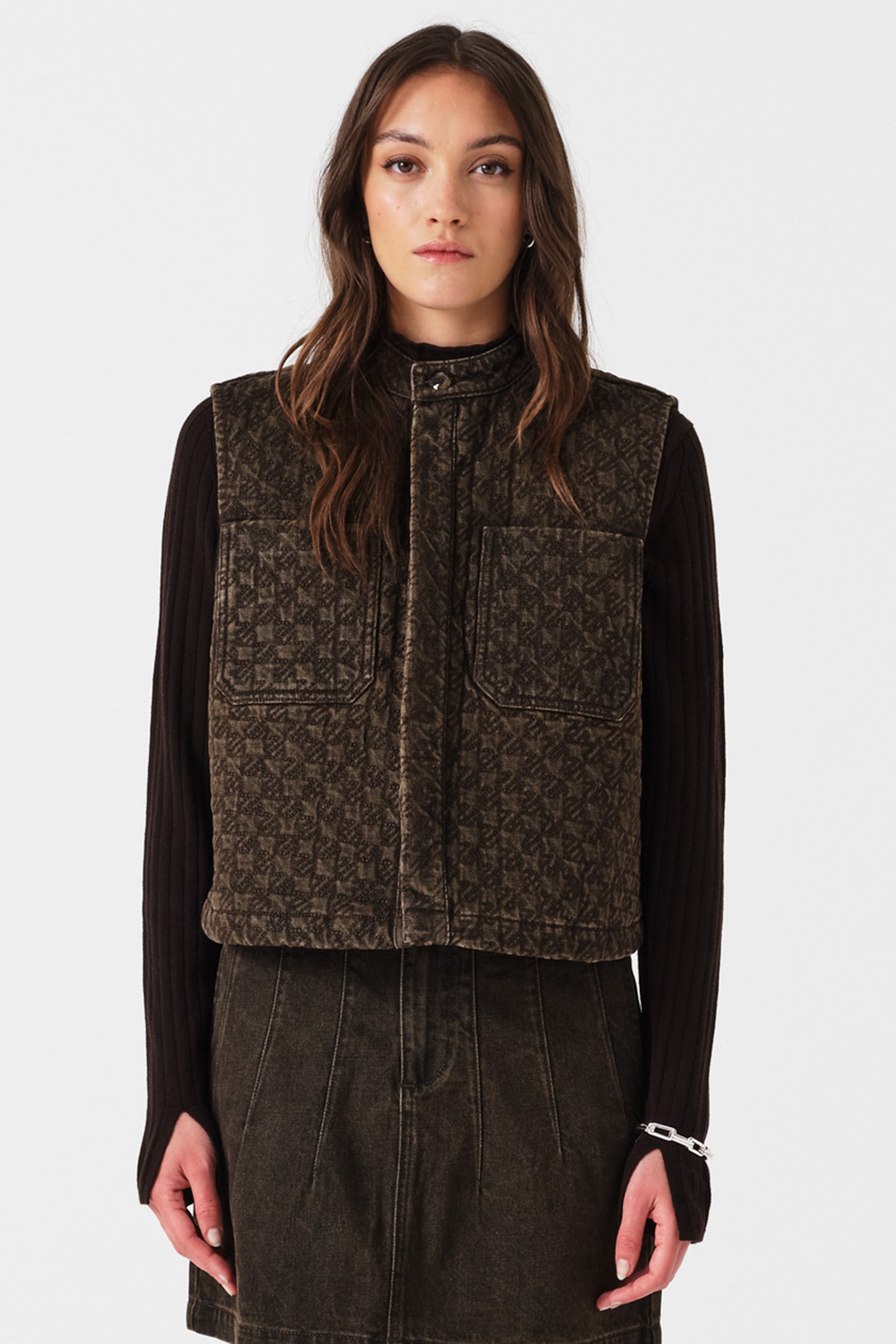 Pablo Quilted Denim Vest in Houndstooth Cacao