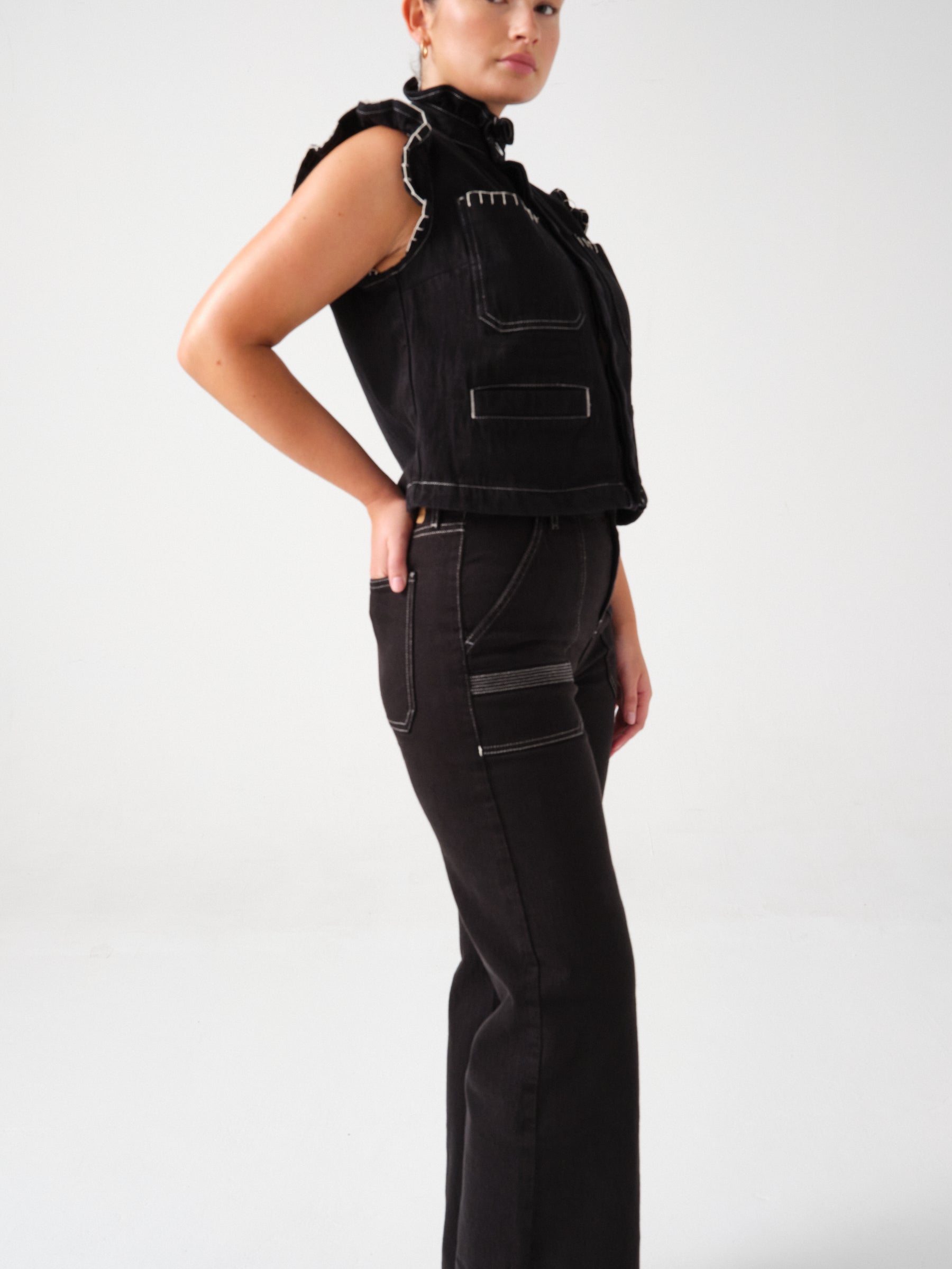 Elodie Full Length Jean in Black & Ecru Thread