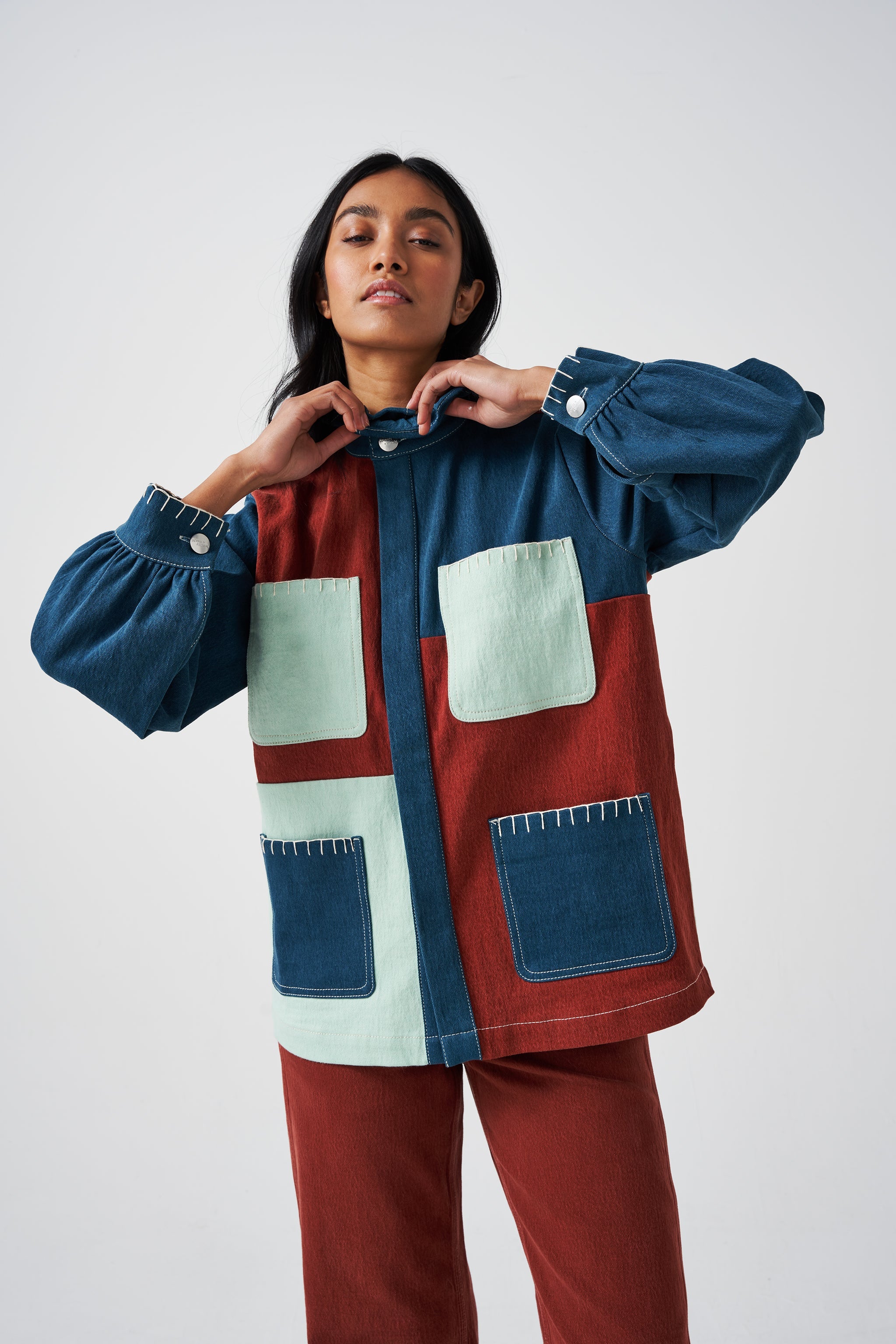 Pablo Jacket in Patched Dark Rust, Teal & Washed Mint - seventy + mochi