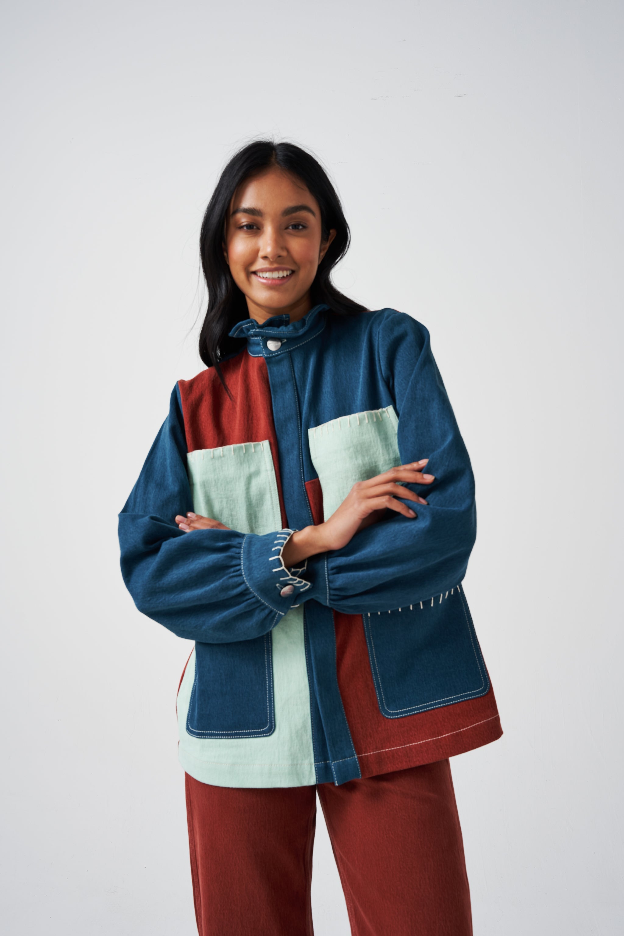 Pablo Jacket in Patched Dark Rust, Teal & Washed Mint - seventy + mochi
