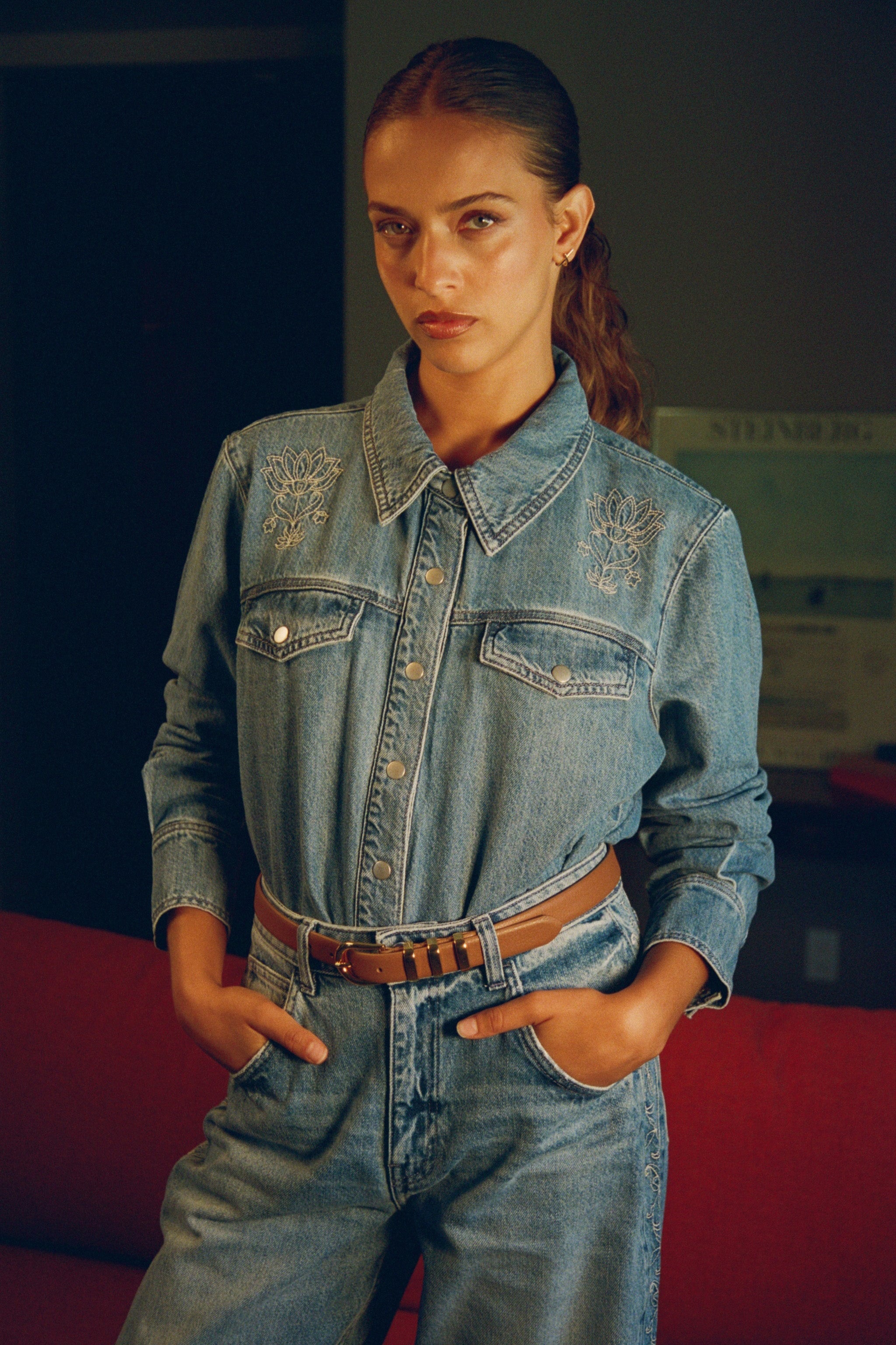 Juno Embroidered Denim Shirt in Malibu