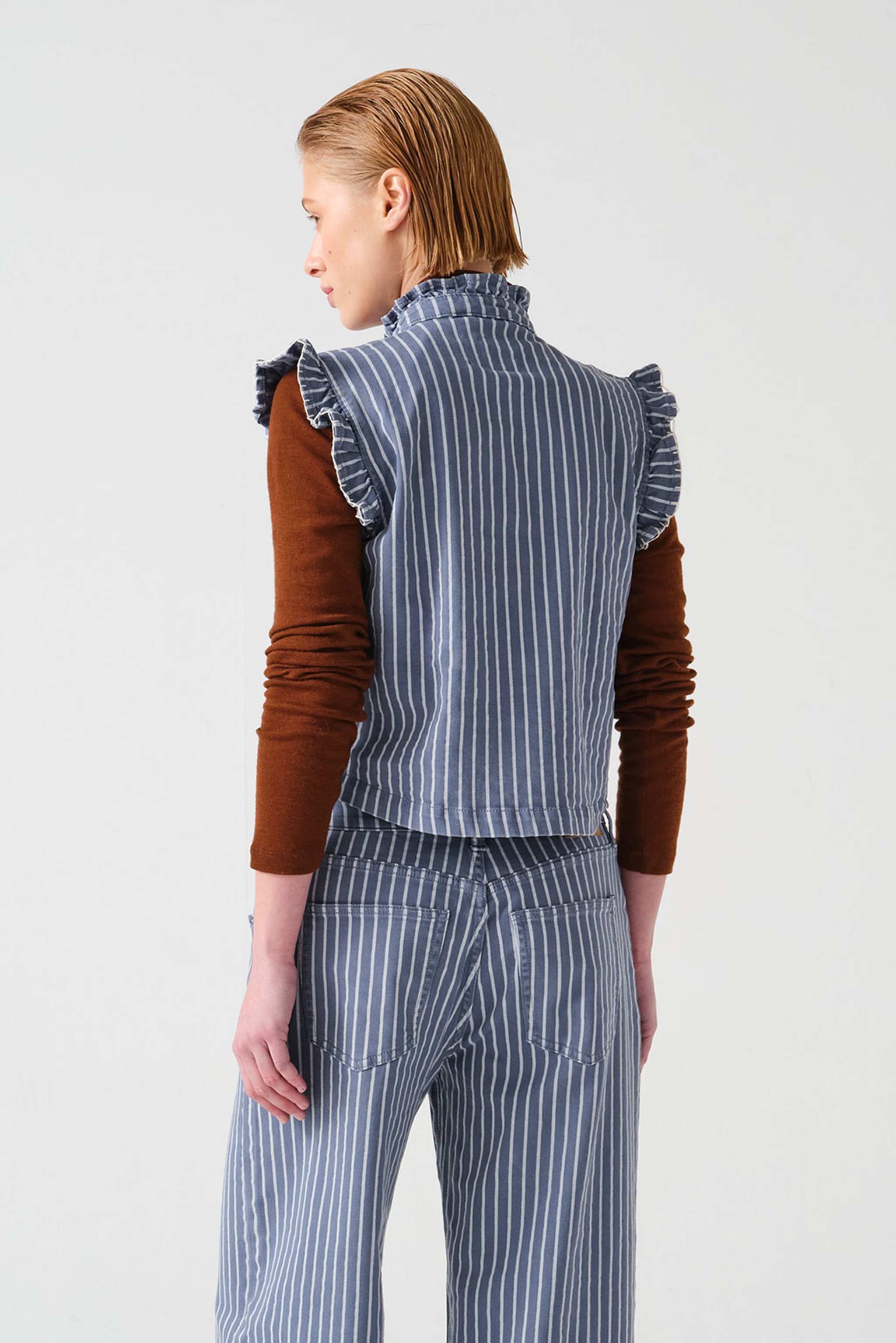 Pablo Vest in Washed Denim Wide Stripe