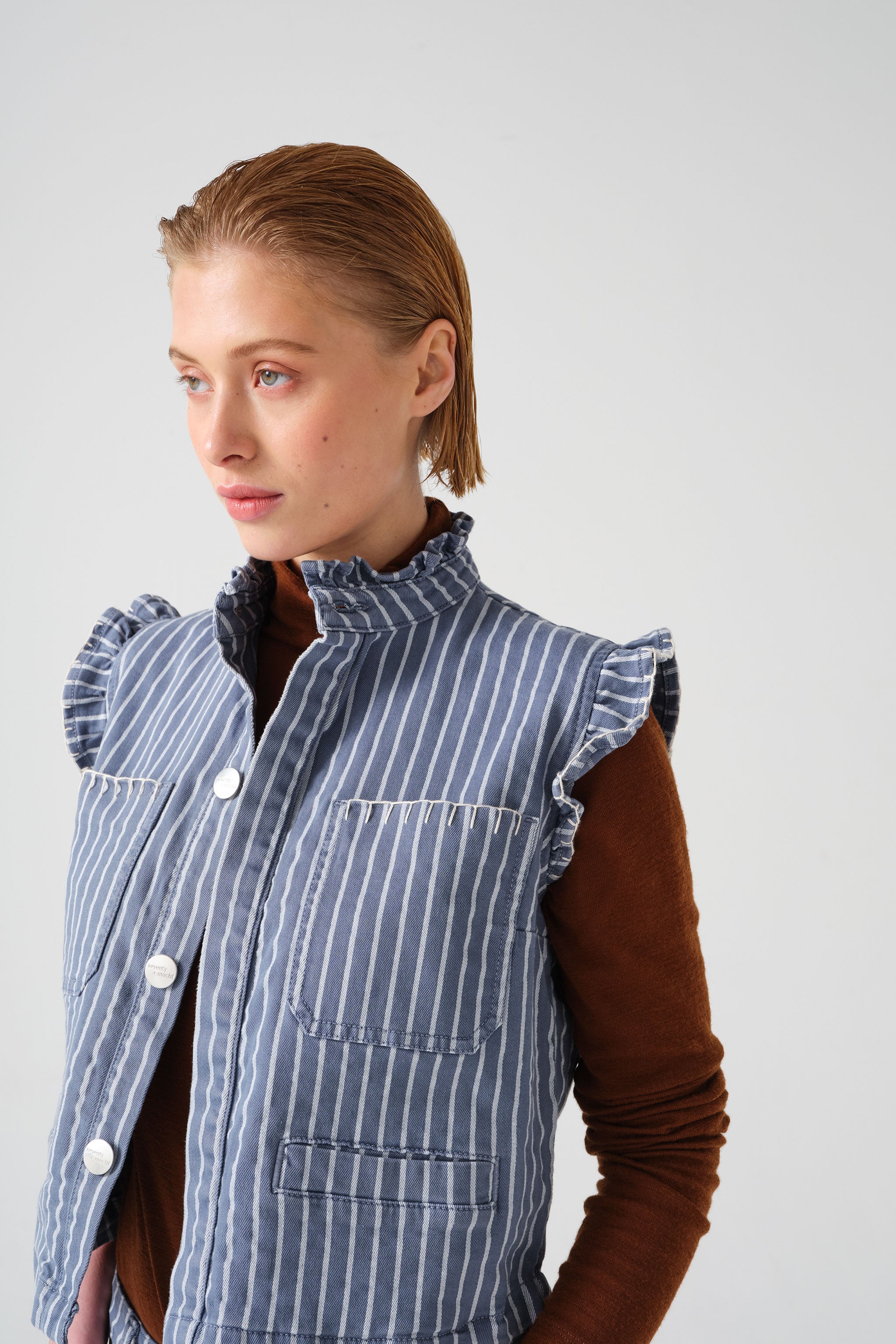 Pablo Vest in Washed Denim Wide Stripe