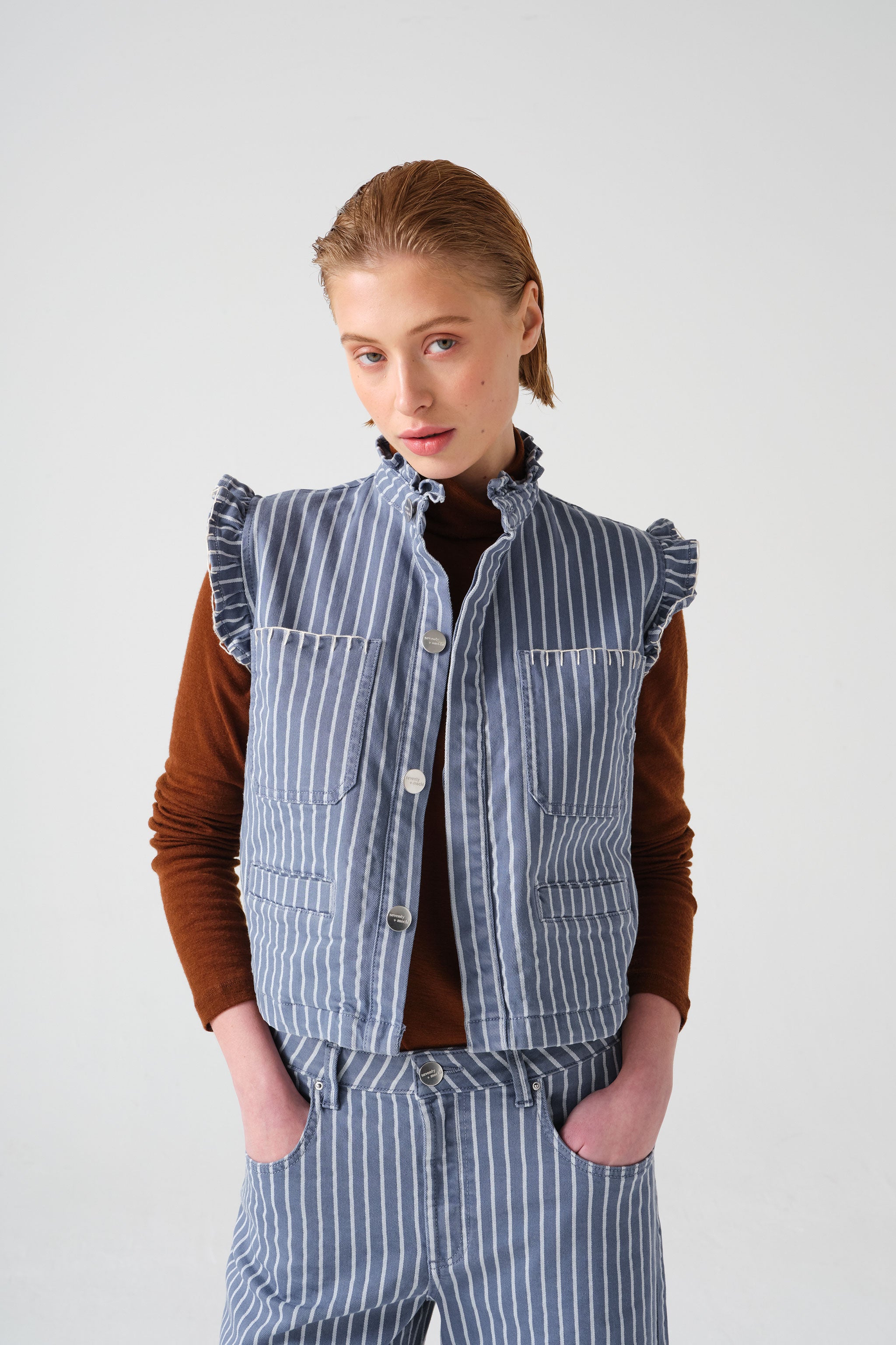 Pablo Vest in Washed Denim Wide Stripe