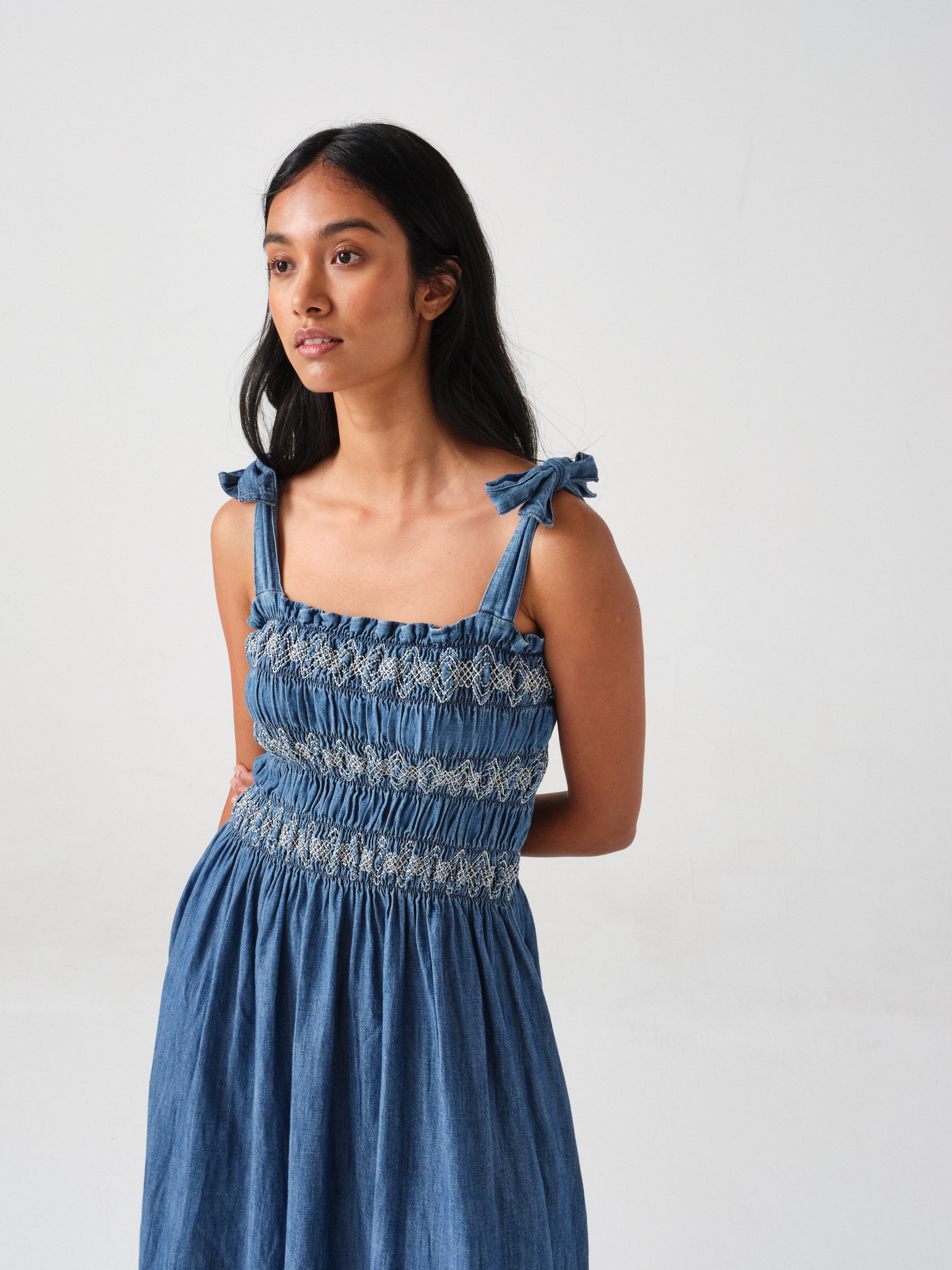 Sally Tie Bandeau Dress in Washed Indigo