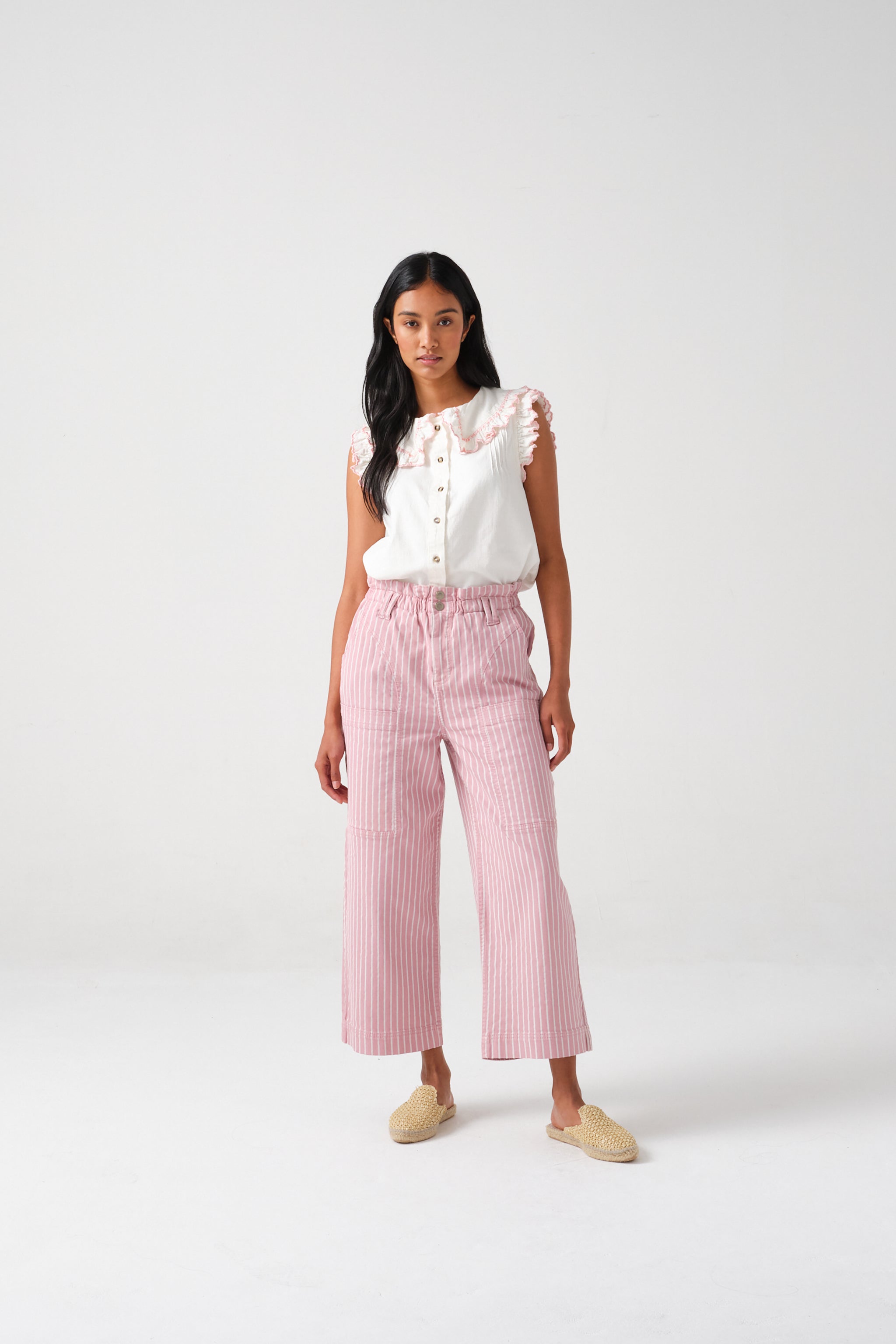 Phoebe Blouse Short Sleeve in Ecru & Dusty Rose Embroidered Denim