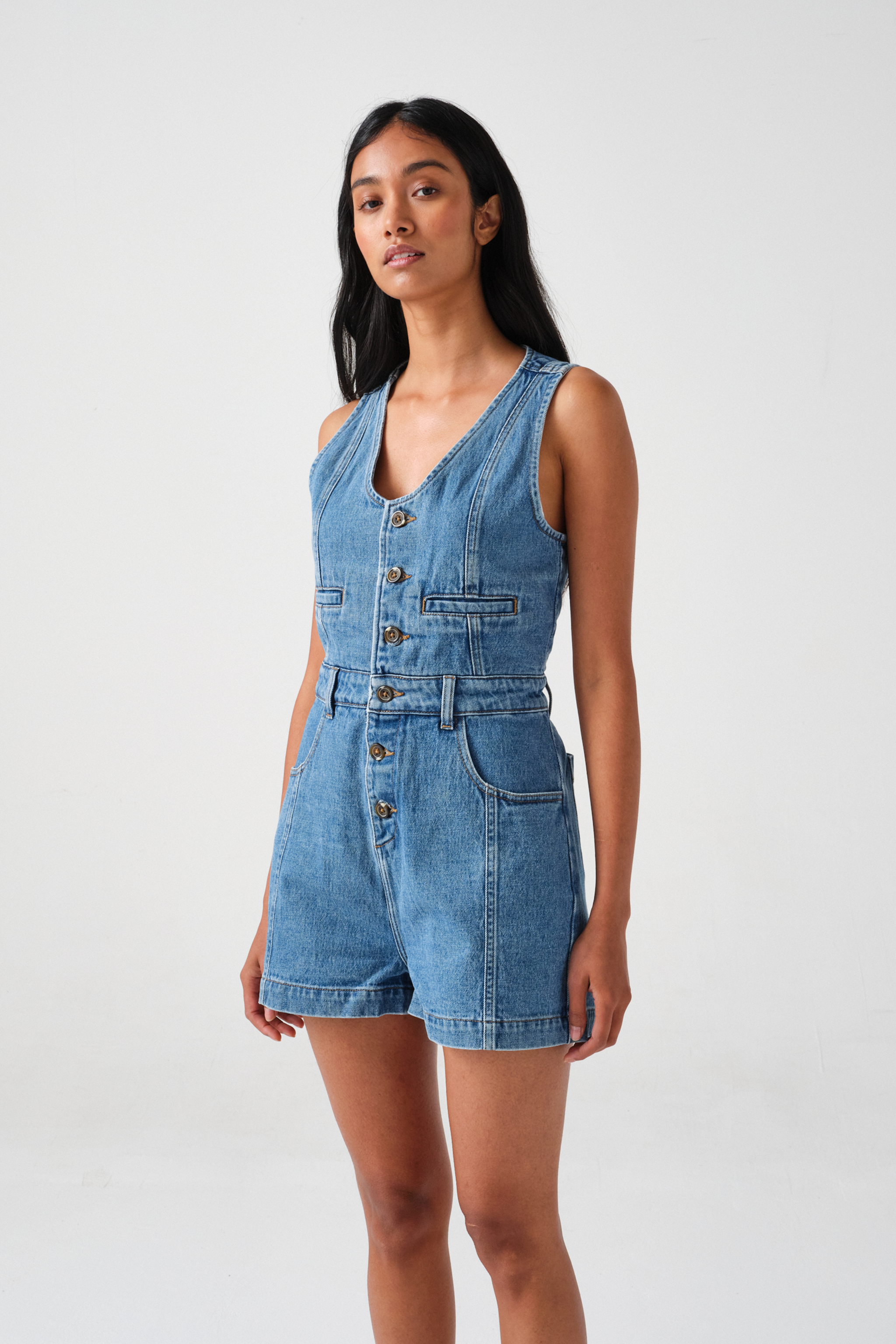 Bea Denim Playsuit in Washed Indigo